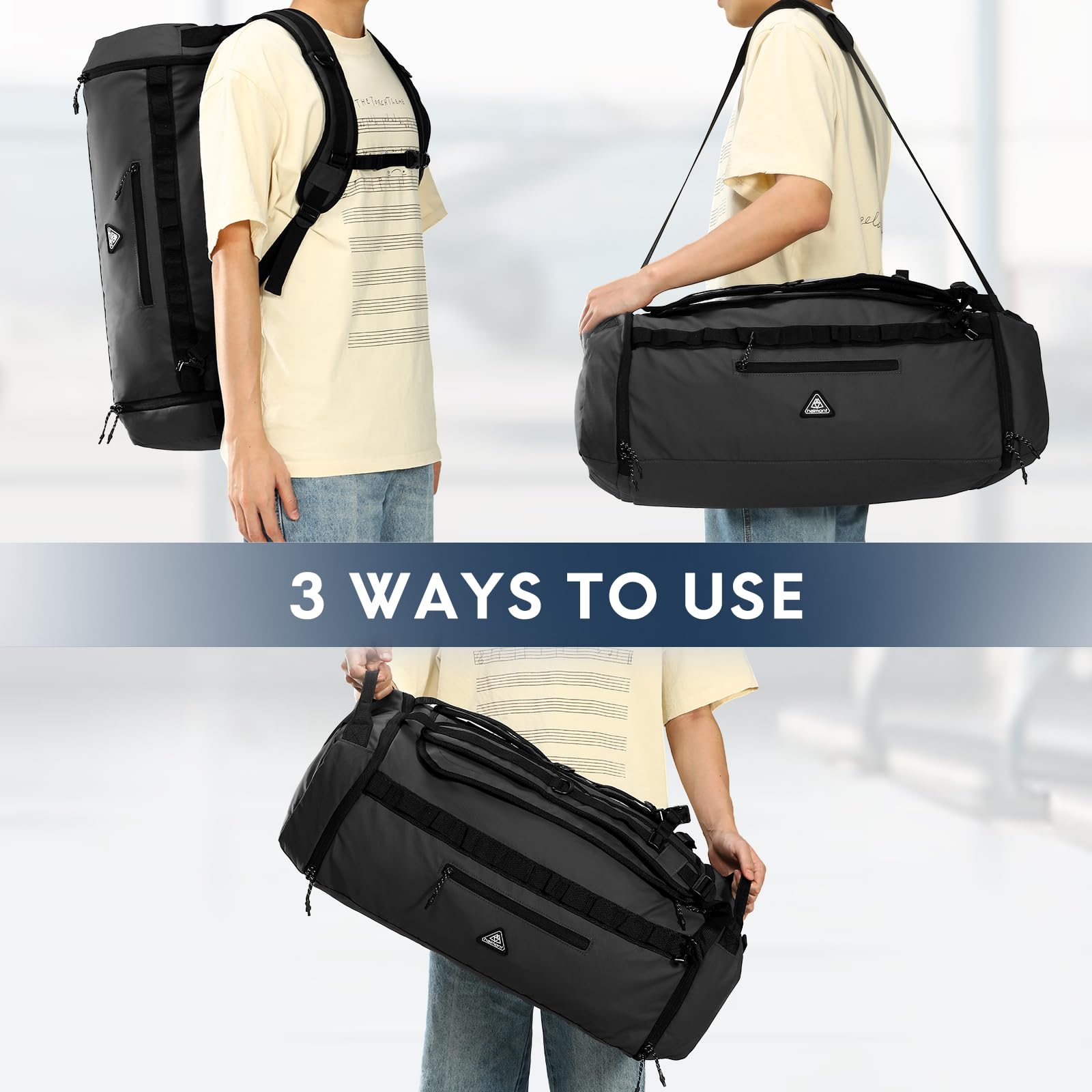 Haimont 50L Foldable Water Resistant Duffel Bag Backpack with Shoe Compartment - Large Travel Duffle for Men & Women - Perfect for Hiking, Camping, Gym, Sports & Weekend Getaways - Upgrade Version in Black