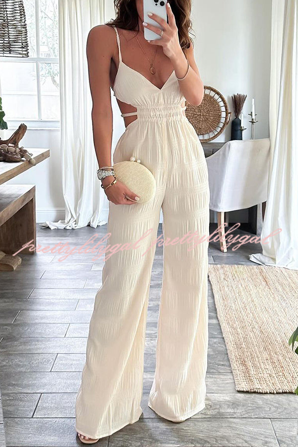 Stylish Crinkle Fabric Cut Out Backless Jumpsuit with Elastic Waist & Pockets - Perfect for Summer Vacations, Beach Getaways, and Night Out Parties