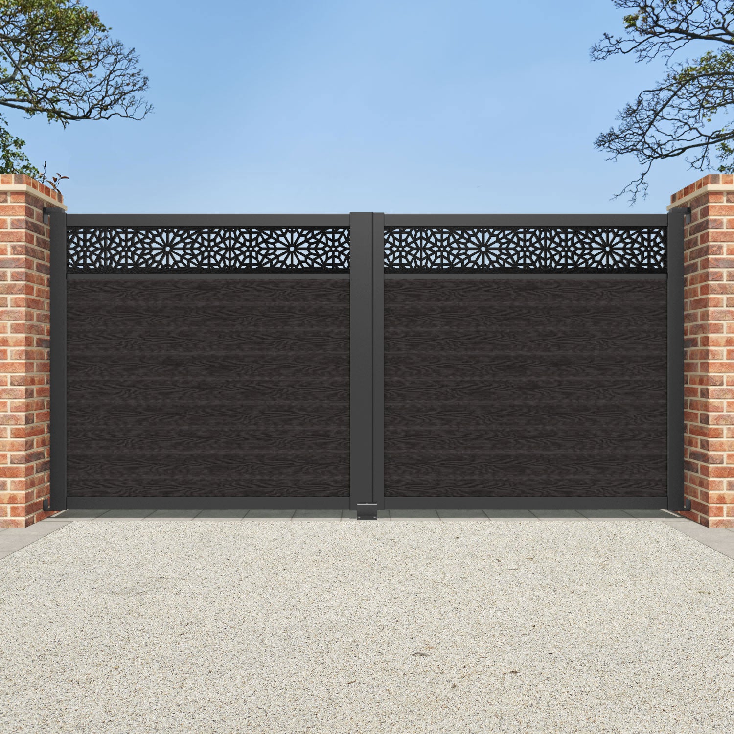Classic Alnara Straight Top Driveway Gate - Dark Oak Finish with Decorative Top Screen | Durable & Stylish Driveway Entrance Solution for Homes & Estates