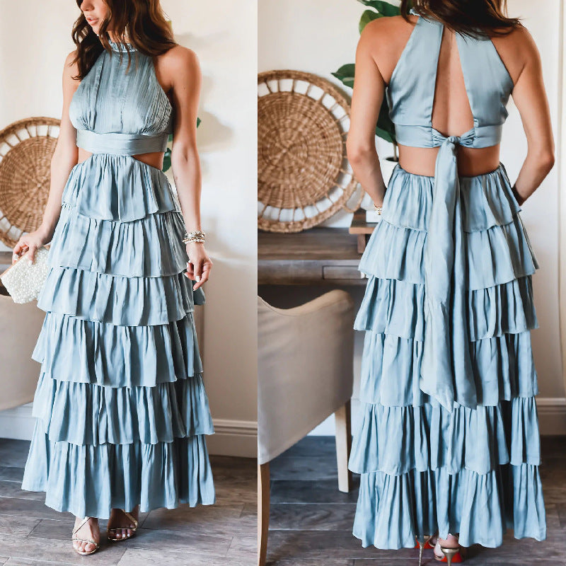 Elegant Women's Solid Color Patchwork Cake Dress - Flowy A-Line Party Dress for Weddings, Cocktails & Special Occasions