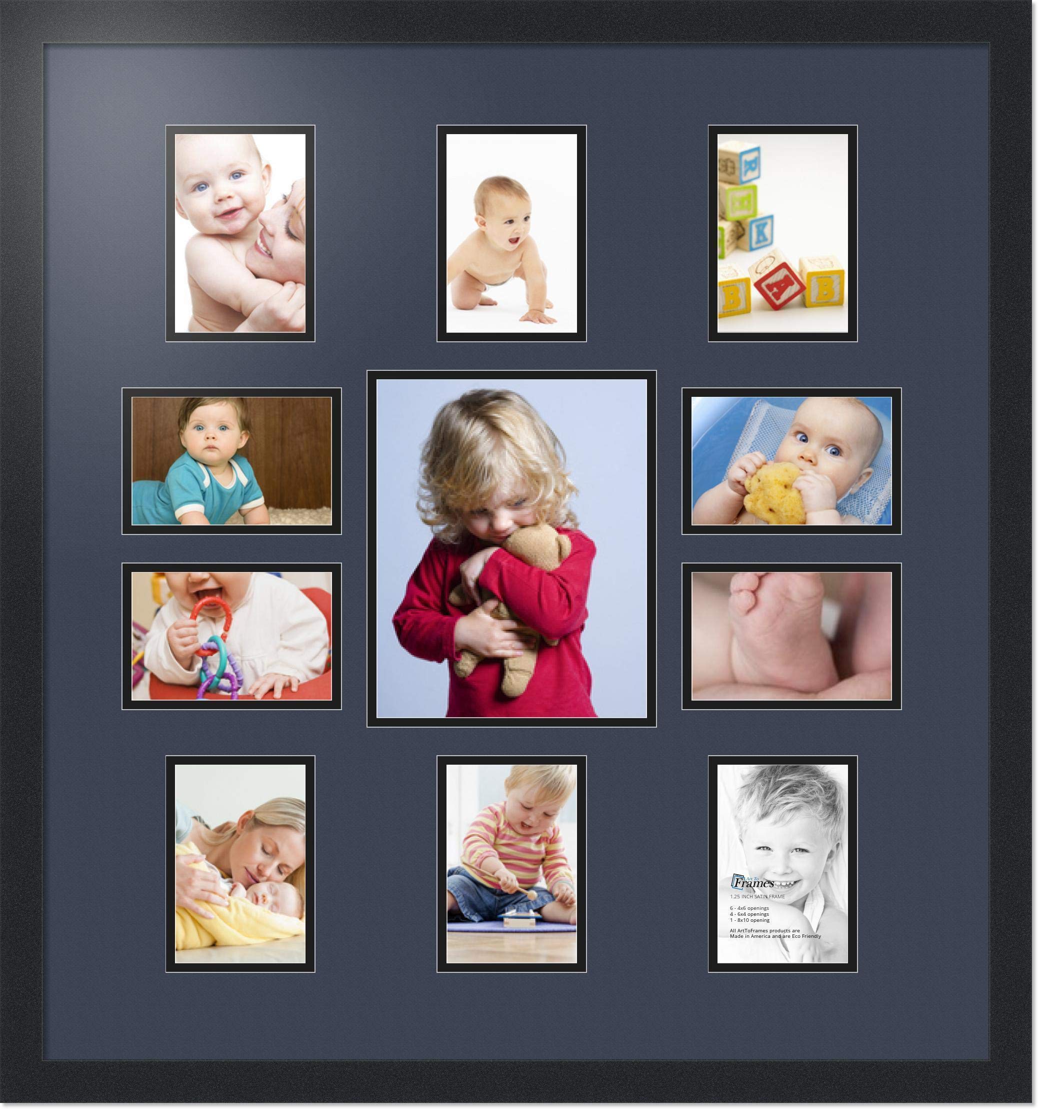 Art to Frames Double Mat Collage Photo Frame - 1x8x10 & 10x4x6 Openings, Satin Black Frame | Perfect for Family Photos, Wedding Memories & Wall Decor