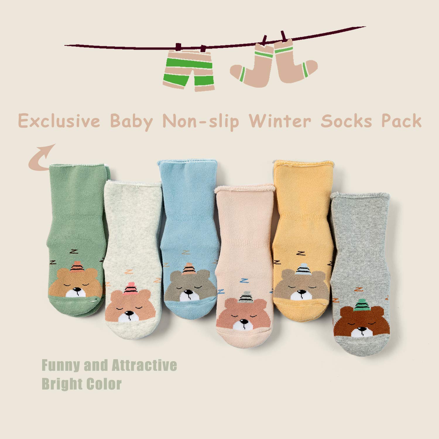 **Baby Winter Warm Socks for Boys & Girls - 6 Pack Thick Non-Slip Terry Crew Socks (6-12 Months) - Cozy & Safe for Indoor Play, Crawling & Winter Outings**