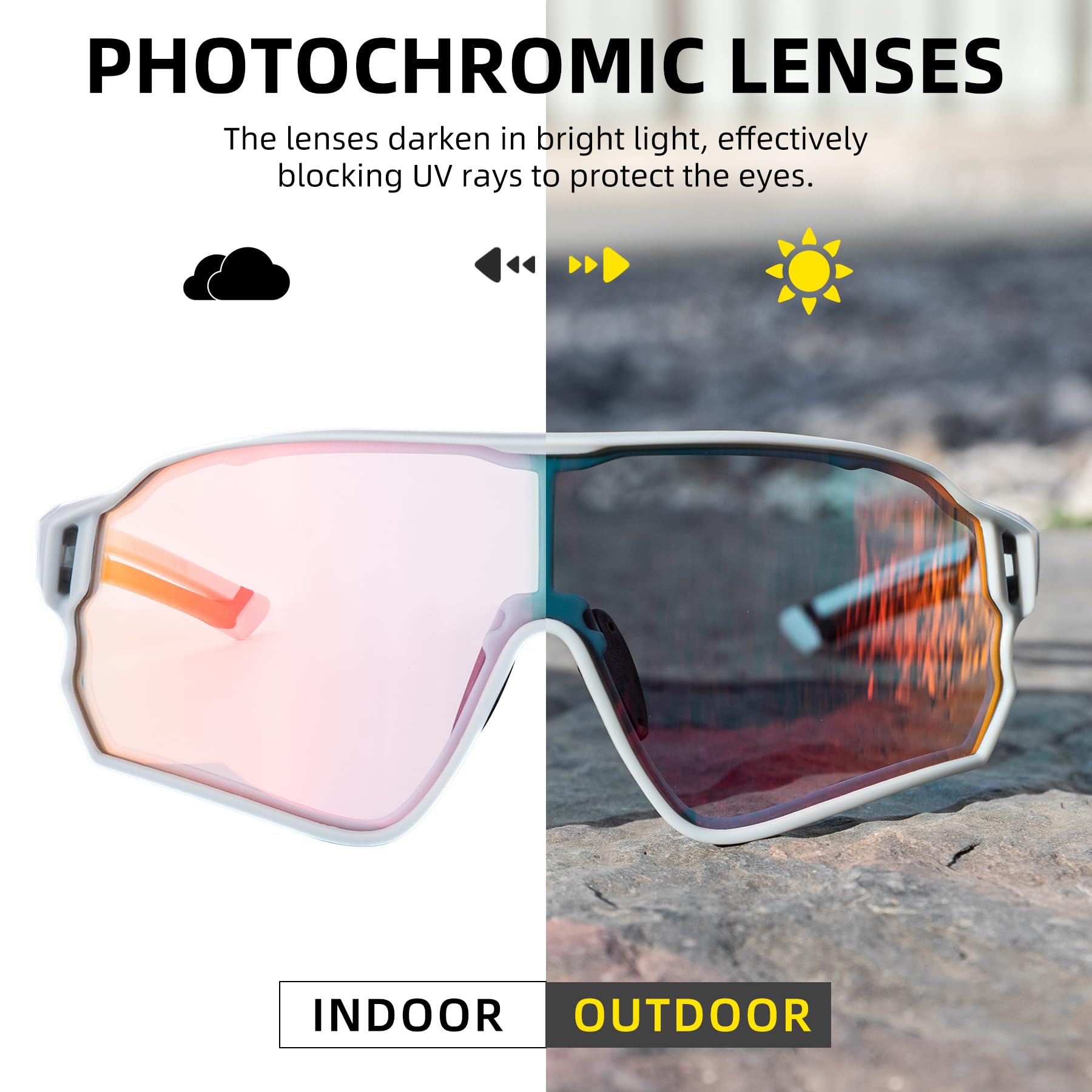 ROCKBROS Photochromic Cycling Sunglasses for Men - UV Protection, Lightweight & Anti-Fog Sports Bike Glasses for Road Biking, Mountain Cycling & Outdoor Activities