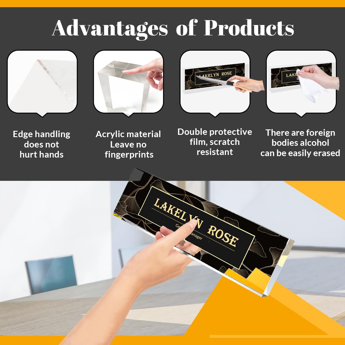 Custom Acrylic Desk Name Plate - Personalized Office Decor with Golden Leaf Design | Perfect for Coworker Gifts, Promotion Presents & Her Birthday | Ideal for Corporate Awards, Executive Desks & Reception Areas