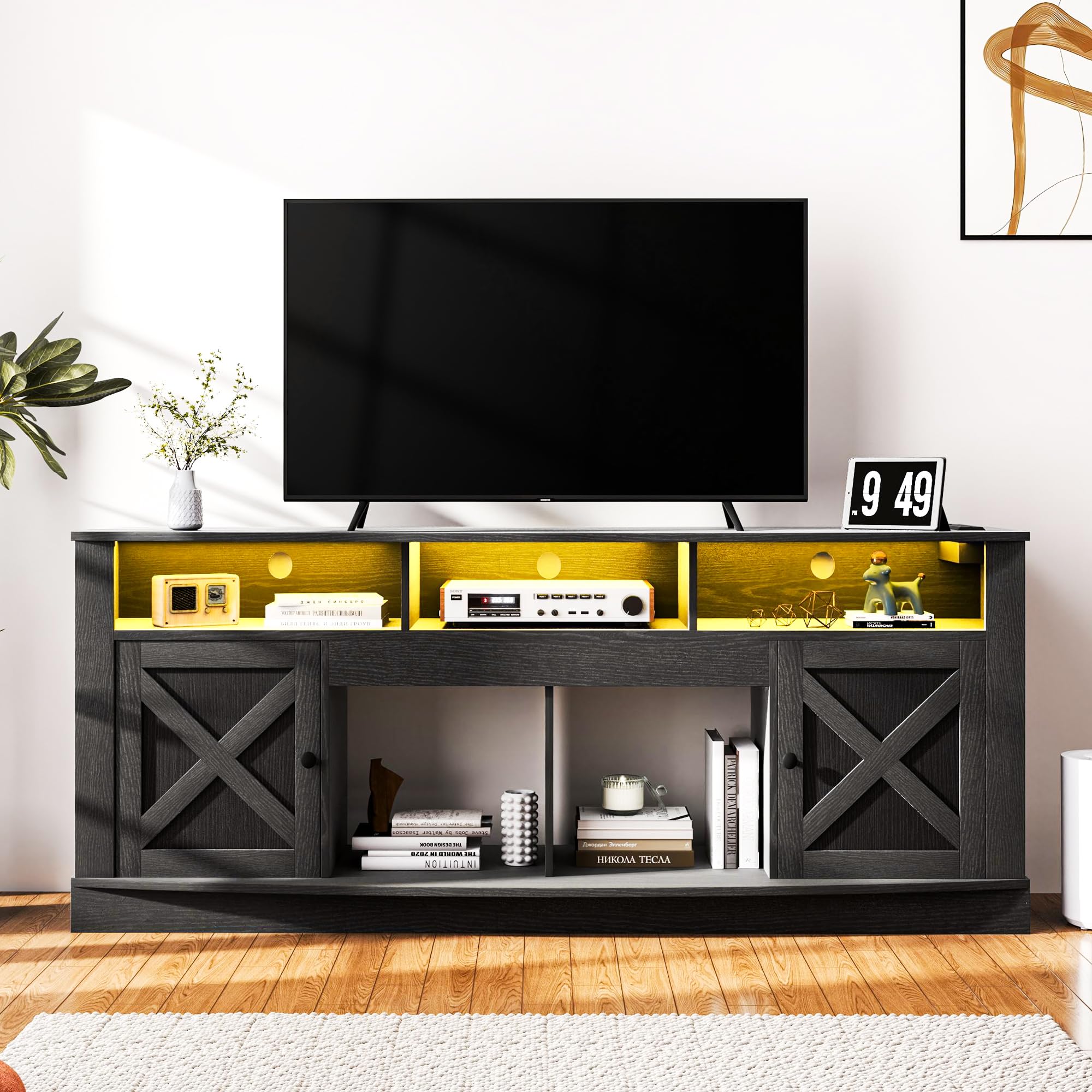 DWVO 75/80 Inch TV Stand with LED Lights - Modern Entertainment Center & Media Console with Barn Doors, Power Outlet - Sturdy TV Cabinet for Living Room, Bedroom, Home Theater (Black)
