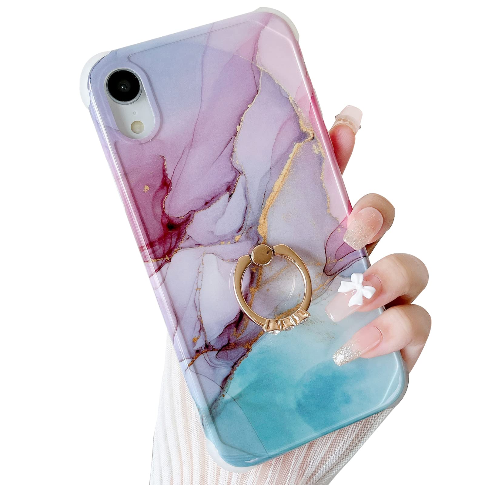 Hapitek iPhone XR Case with Ring Holder - Slim Protective Marble Design for iPhone XR 6.1 Inch | Cute White & Purple Blue | Perfect for Daily Use, Travel & Hands-Free Convenience