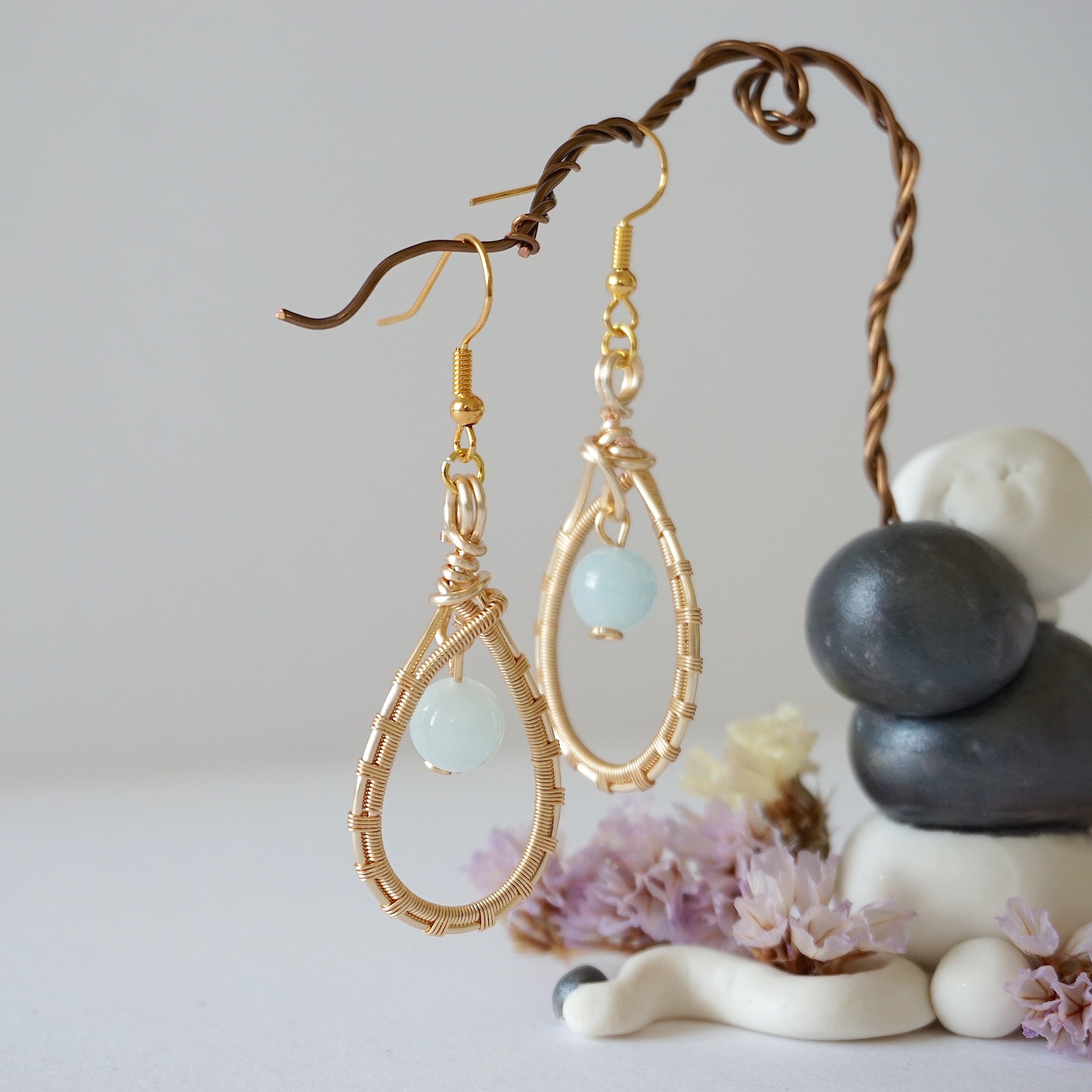 Aquamarine Round Wire Earrings - Gold Plated Sterling Silver Dangle Earrings for Women | Elegant Jewelry Gift for Birthday, Wedding & Everyday Wear