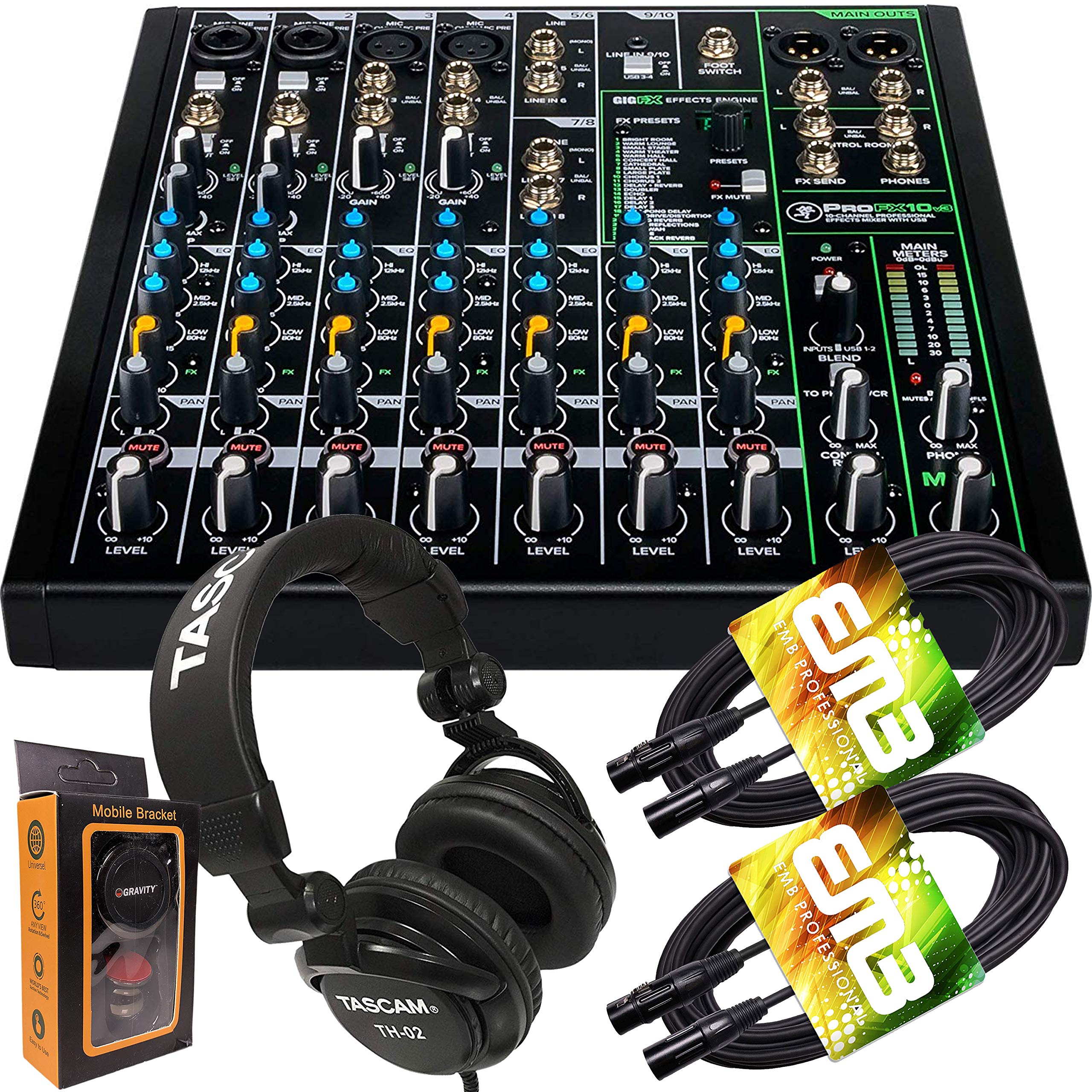 Mackie ProFX10v3 10-Channel Professional Audio Mixer with USB, Built-In Effects, TH02 Headphones, EMB XLR Cables & Gravity Magnet Phone Holder - Perfect for Live Performances, Podcasting & Home Studio Recording