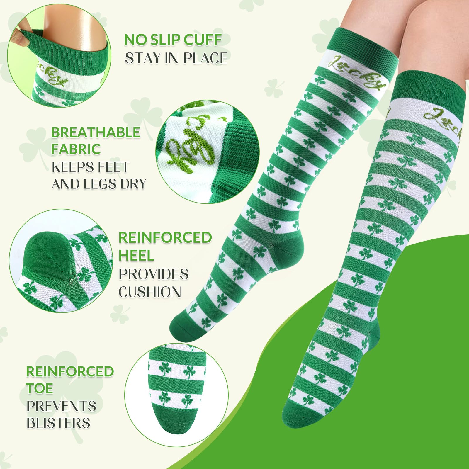 2 Pairs St. Patrick's Day Compression Socks for Women & Men - Lucky Shamrock Knee High Socks for Circulation & Comfort | Perfect for Irish Festivals, Workouts & Holiday Gifts