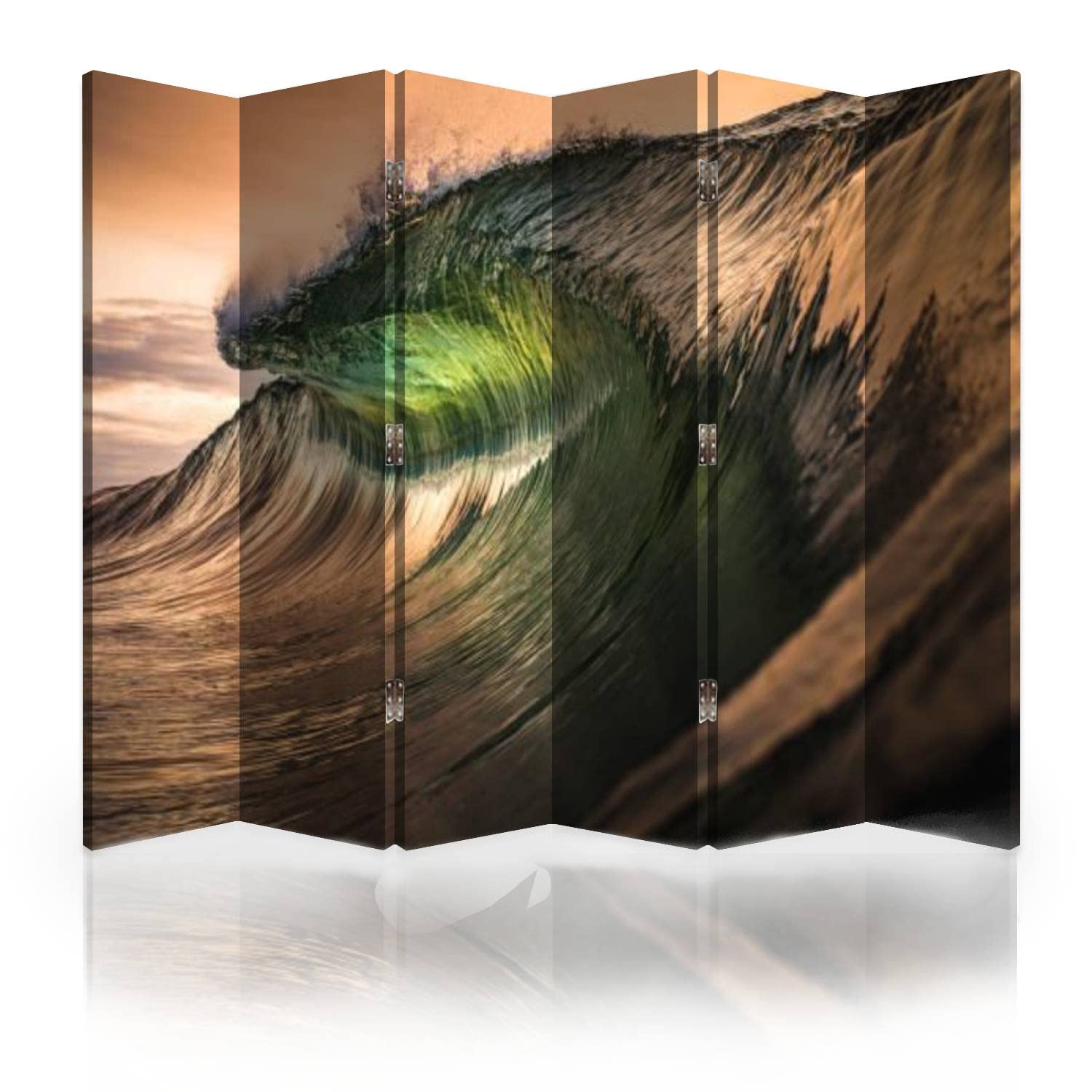 Golden Wave Canvas Room Divider - 6 Panel Folding Privacy Screen for Bedroom, Office & Living Room | Ocean-Inspired Room Separator & Wall Partition for Home Decor