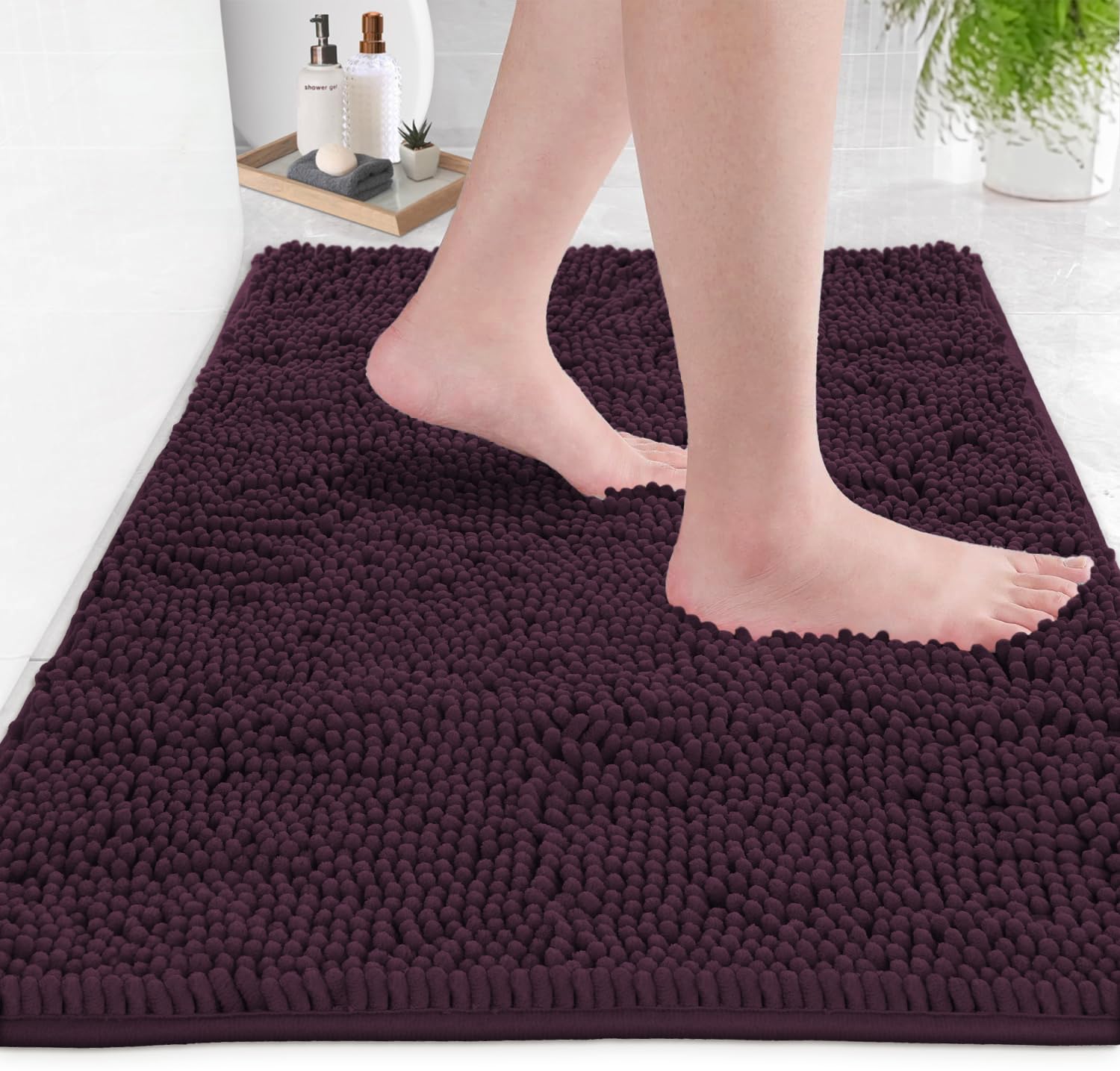 Ultra Soft Chenille Plush Bath Rugs - Non Slip Microfiber Floor Mats for Bathroom, Kitchen, Entryway & Living Room (30x20 Inches, Plum) - Absorbent & Cozy Home Decor for Wet Areas