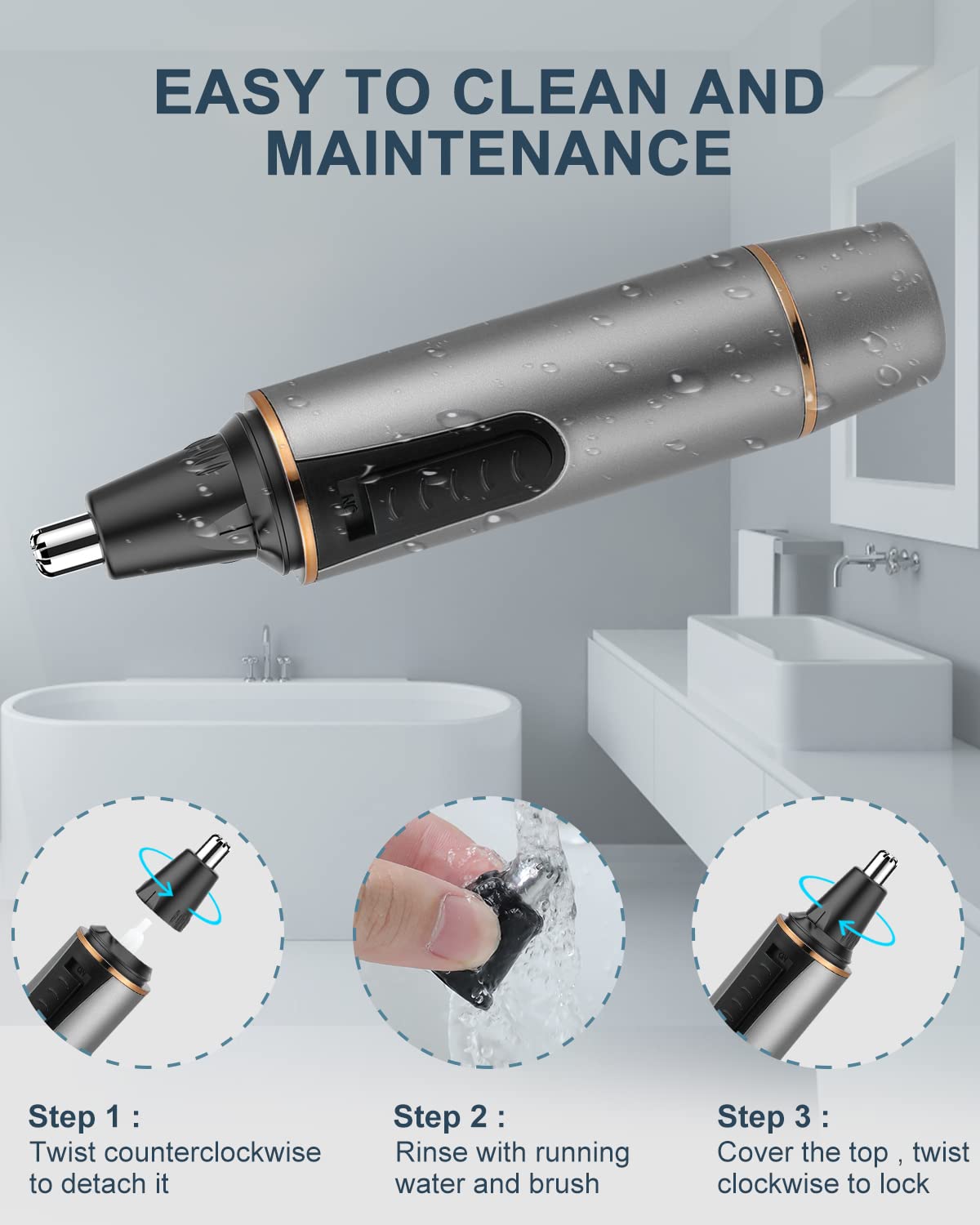 2024 Rechargeable Painless Nose Hair Trimmer for Men - Professional Dual Edge Blades with IPX7 Waterproof, Powerful Motor & Easy Cleaning (Grey Gold) - Perfect for Travel, Grooming Kits & Personal Care
