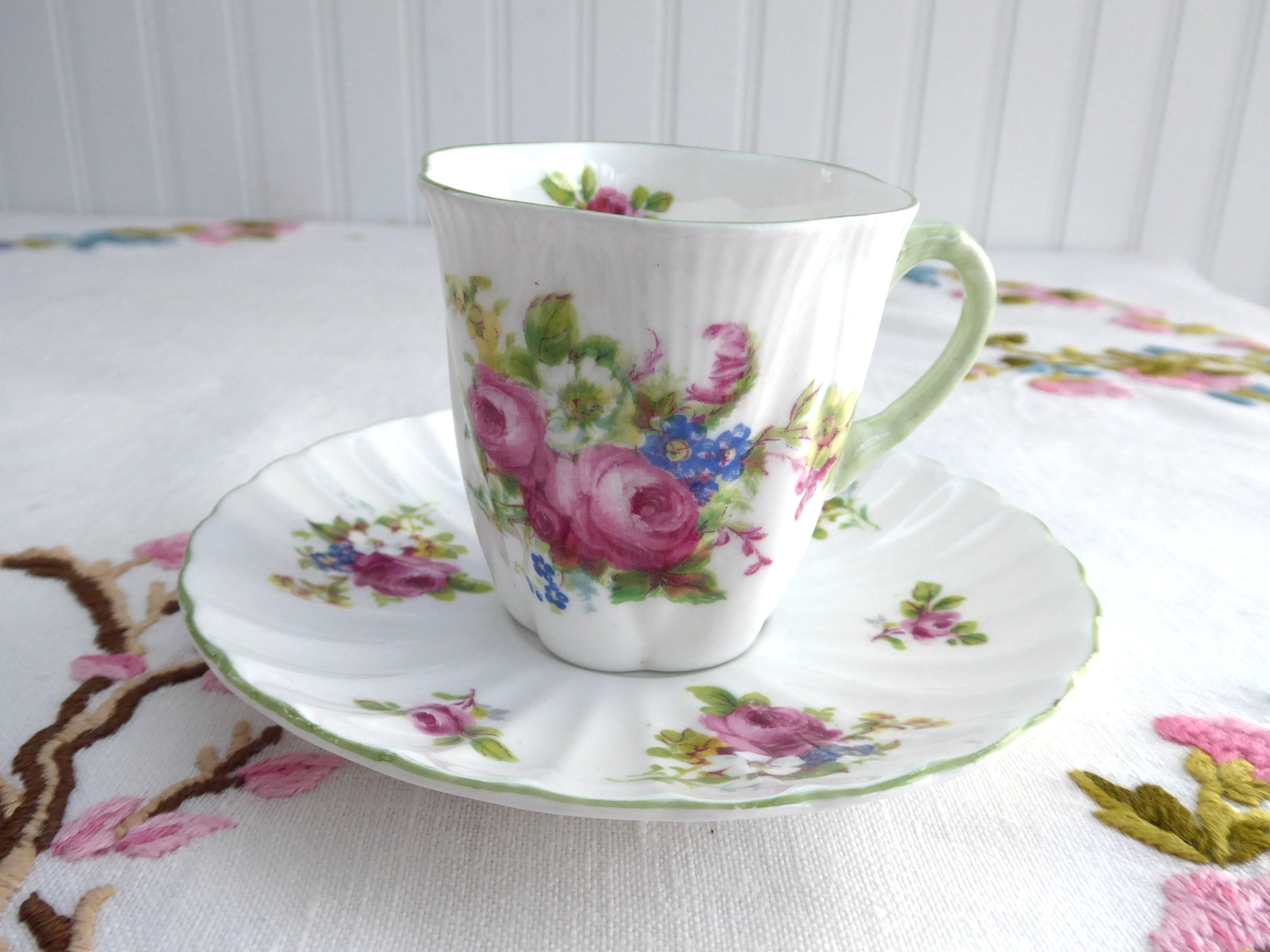 Elegant Shelley Tall Demitasse Cup and Saucer Set with Ludlow Floral Bouquet Design - Perfect for Afternoon Tea, Bridal Showers & Vintage Collections