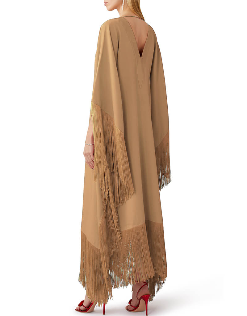 Elegant Beige V-Neck Fringed Kaftan Dress for Women | Boho Chic Summer Beach Cover Up | Perfect for Vacations, Pool Parties & Resort Wear
