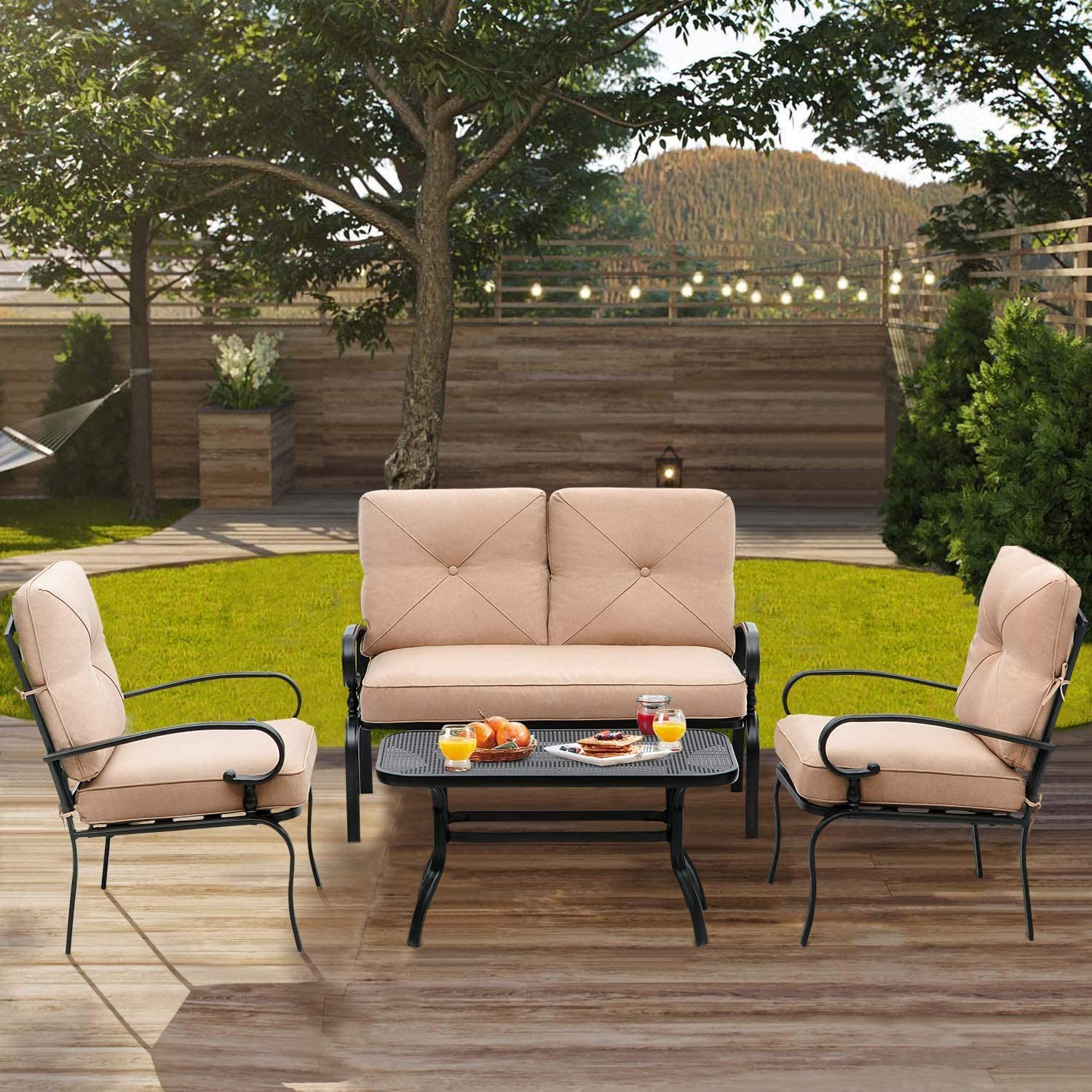 Outdoor Patio Furniture Set - 2 Chairs, Loveseat & Coffee Table with Cushions, Wrought Iron Look Metal Garden Conversation Set (Brown) | Perfect for Lawn, Front Porch, Backyard & Garden Relaxation