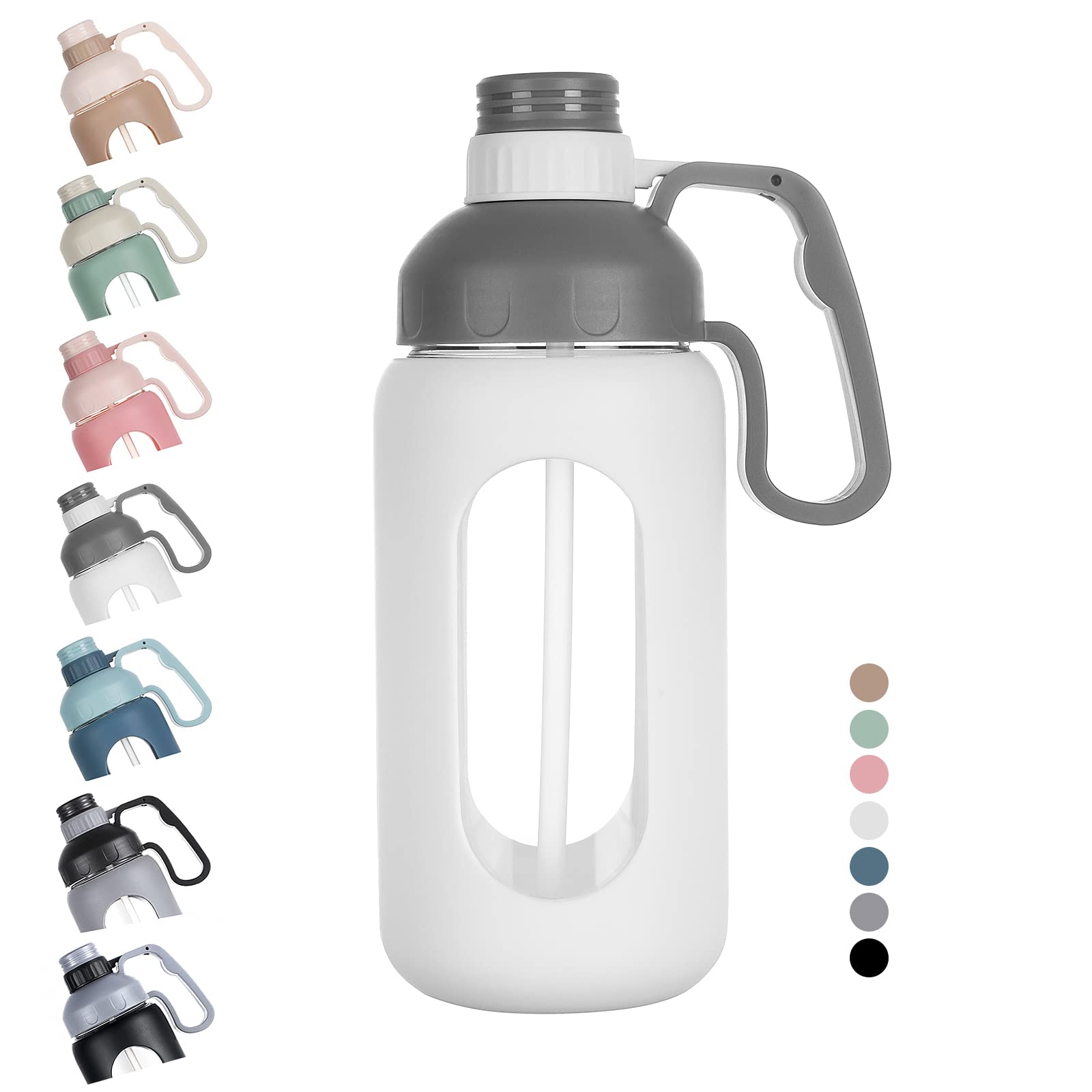 MUKOKO 42oz Glass Water Bottle with Straw & Handle - BPA Free Leakproof for Gym, Work, Outdoor - White