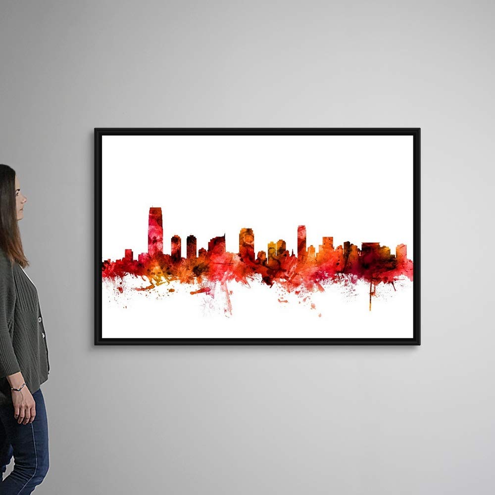 Jersey City New Jersey Skyline Black Float Frame Canvas Wall Art - Modern Home Decor for Living Room, Office & Bedroom
