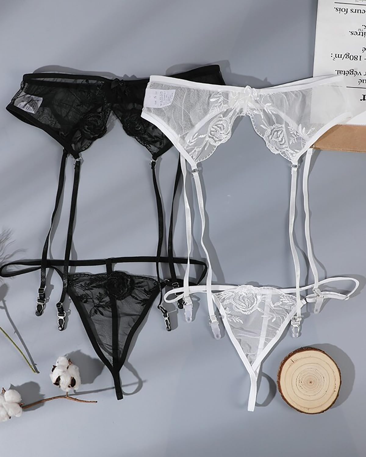 Sexy Lace Garter Belt & Thong Set for Women - 4 Metal Clip Suspender Lingerie with Adjustable Straps & G-String Panty - Perfect for Bridal, Boudoir, Valentine's Day & Special Occasions