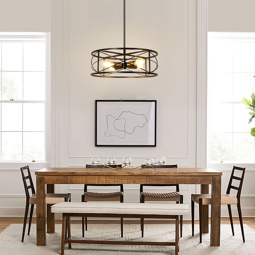 DLLT 4-Light Black Round Pendant Lighting Fixture - 18 Inch Industrial Metal Drum Cage Chandelier - Farmhouse Hanging Light for Dining Room Kitchen Living Room Bedroom Hallway - Perfect for Rustic Home Decor & Modern Interior Design