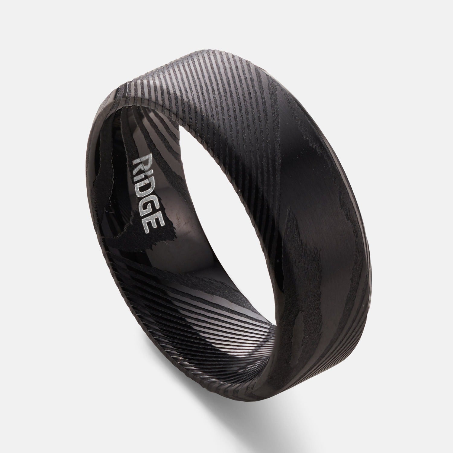 Ridge 8mm Beveled Black Damascus Ring Set for Men - Stylish Wedding Band & Fashion Statement Jewelry - Perfect for Engagements, Anniversaries and Everyday Wear