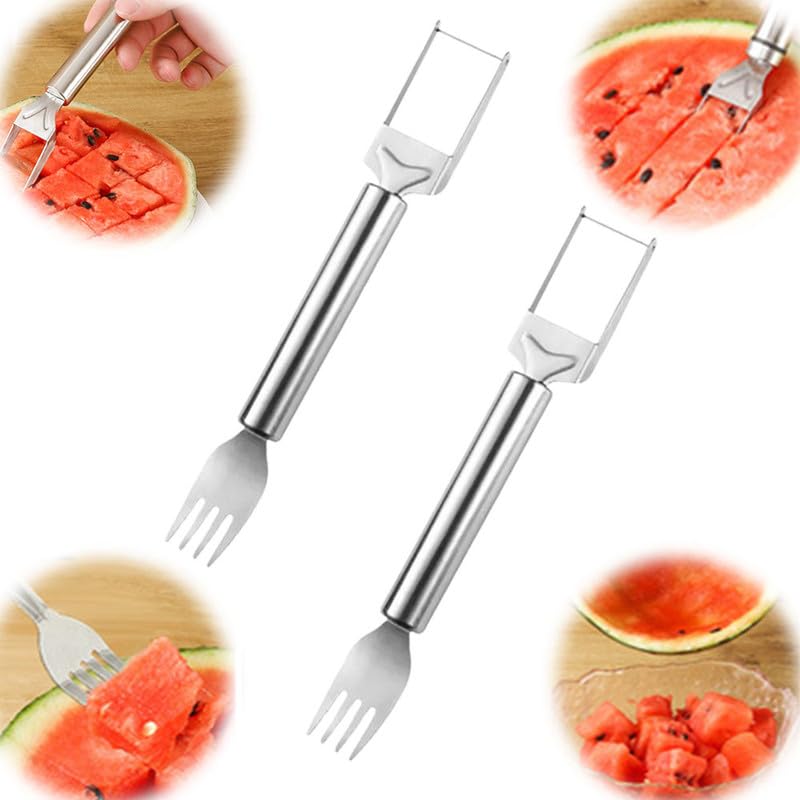 2024 New 2-in-1 Stainless Steel Fruit Cutter & Slicer - Dual Head Watermelon Cube Cutter with Fork - Kitchen Gadget for Fruits Like Melon, Pineapple & Mango (2PCS) - Perfect for Summer BBQs, Picnics & Home Kitchen Use