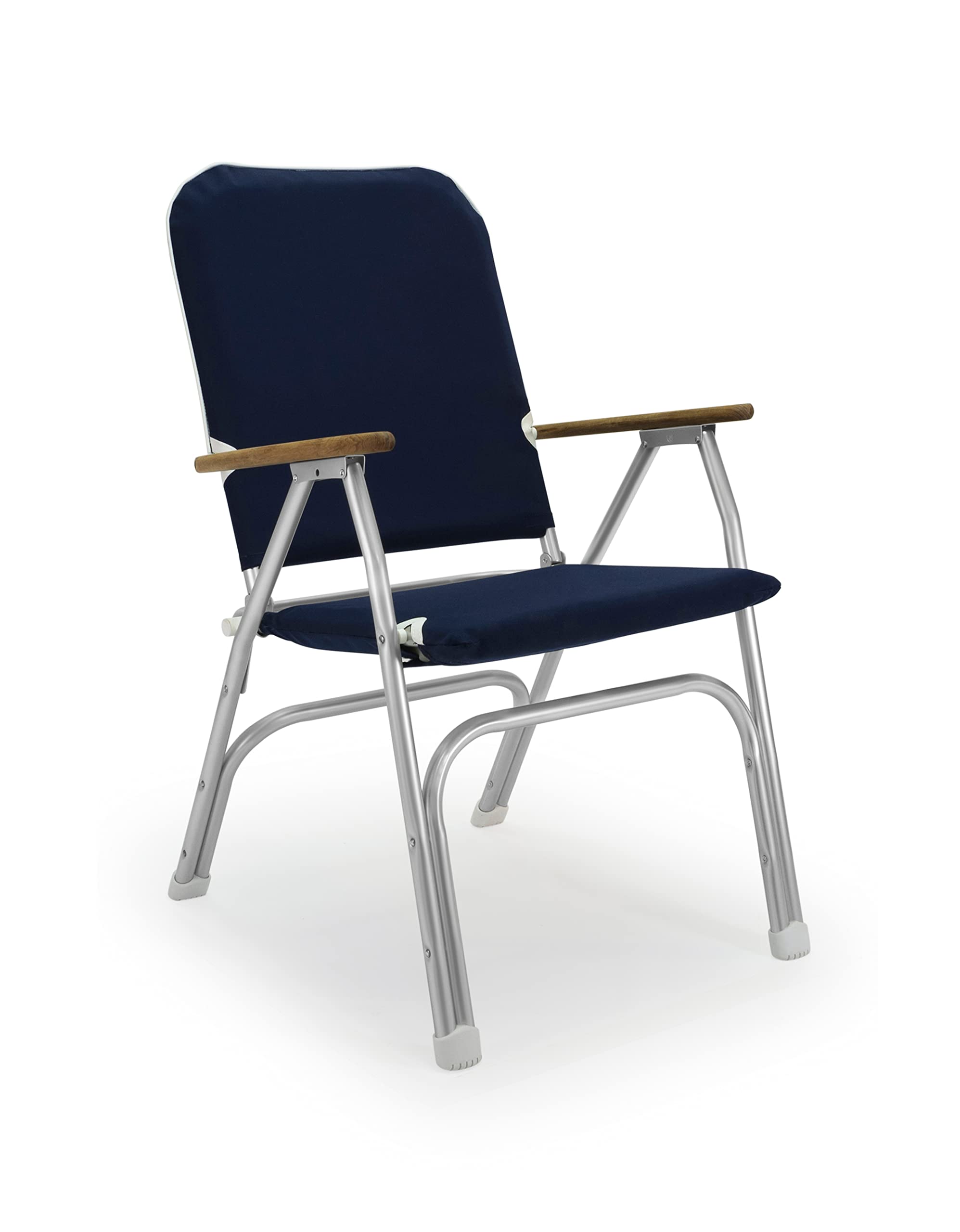 FORMA MARINE V100NB Navy Blue Boat Chair - Large Padded Folding Deck Chair with Aluminum Frame & Teak Armrests - Perfect for Yachts, Boats, and Outdoor Marine Use
