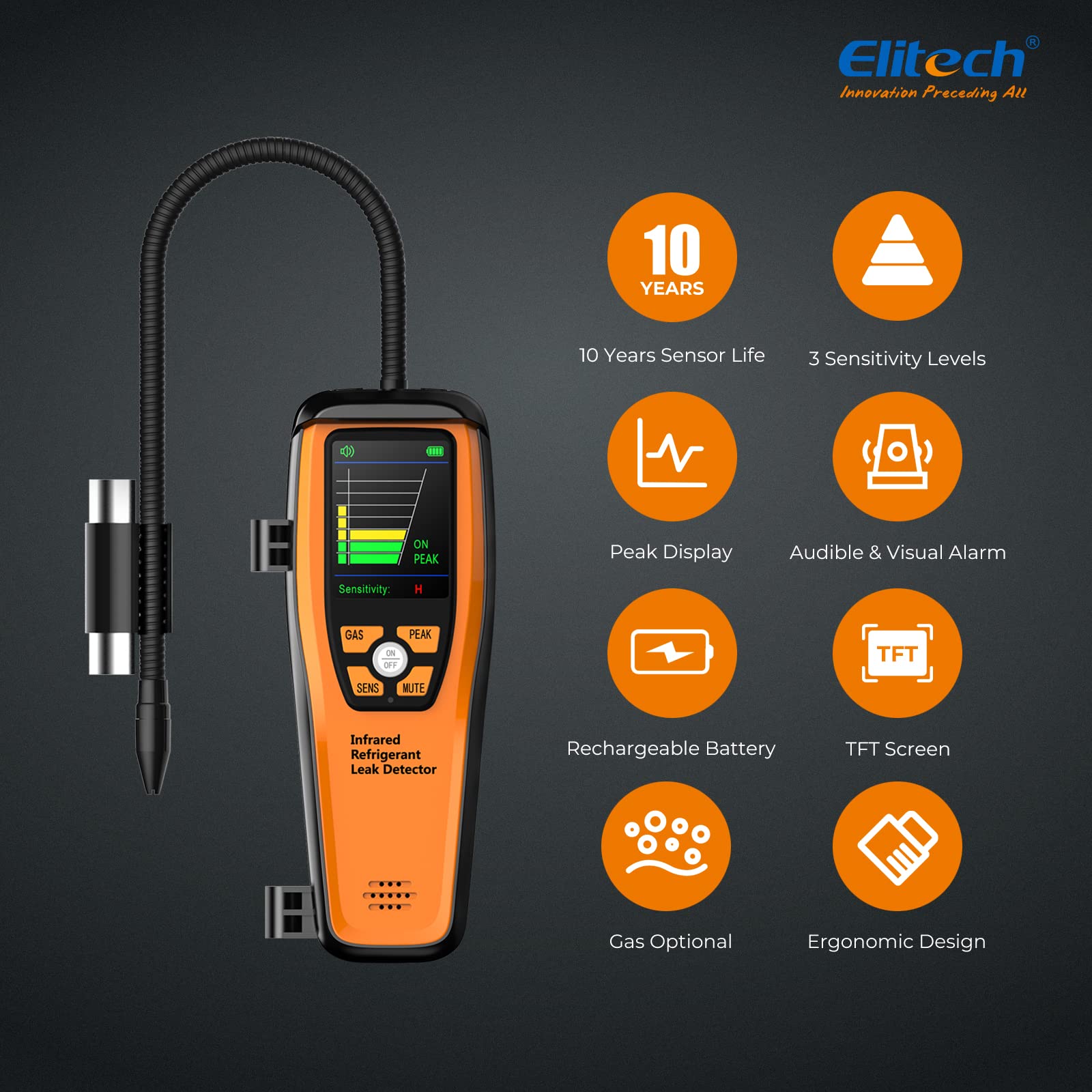 Elitech HVAC Refrigerant Leak Detector with 10-Year Infrared Sensor - Halogen Freon Sniffer for R22 R410A R134A R1234YF - Air Conditioning & Automotive Gas Leak Detection (ILD-300) - Perfect for HVAC Technicians and Auto Repair Shops