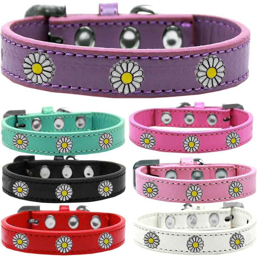 Premium Faux Leather Dog Collar with Daisy Flower Design - Adjustable Pet Collar for Small Medium Large Dogs - Perfect for Daily Walks, Training, and Fashion Accessories
