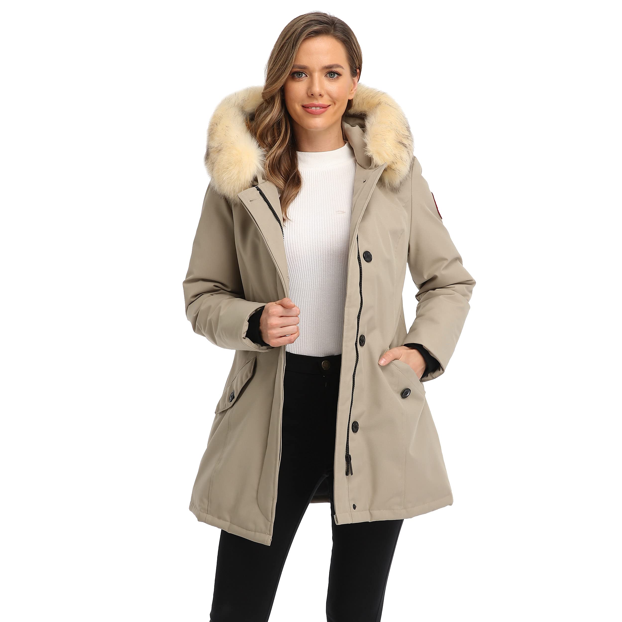 PUREMSX Women's Winter Duck Down Arctic Insulated Parka - Long Thick Padded Jacket with Fur Hood for Extreme Cold Weather - Perfect for Snowboarding, Skiing & Outdoor Adventures