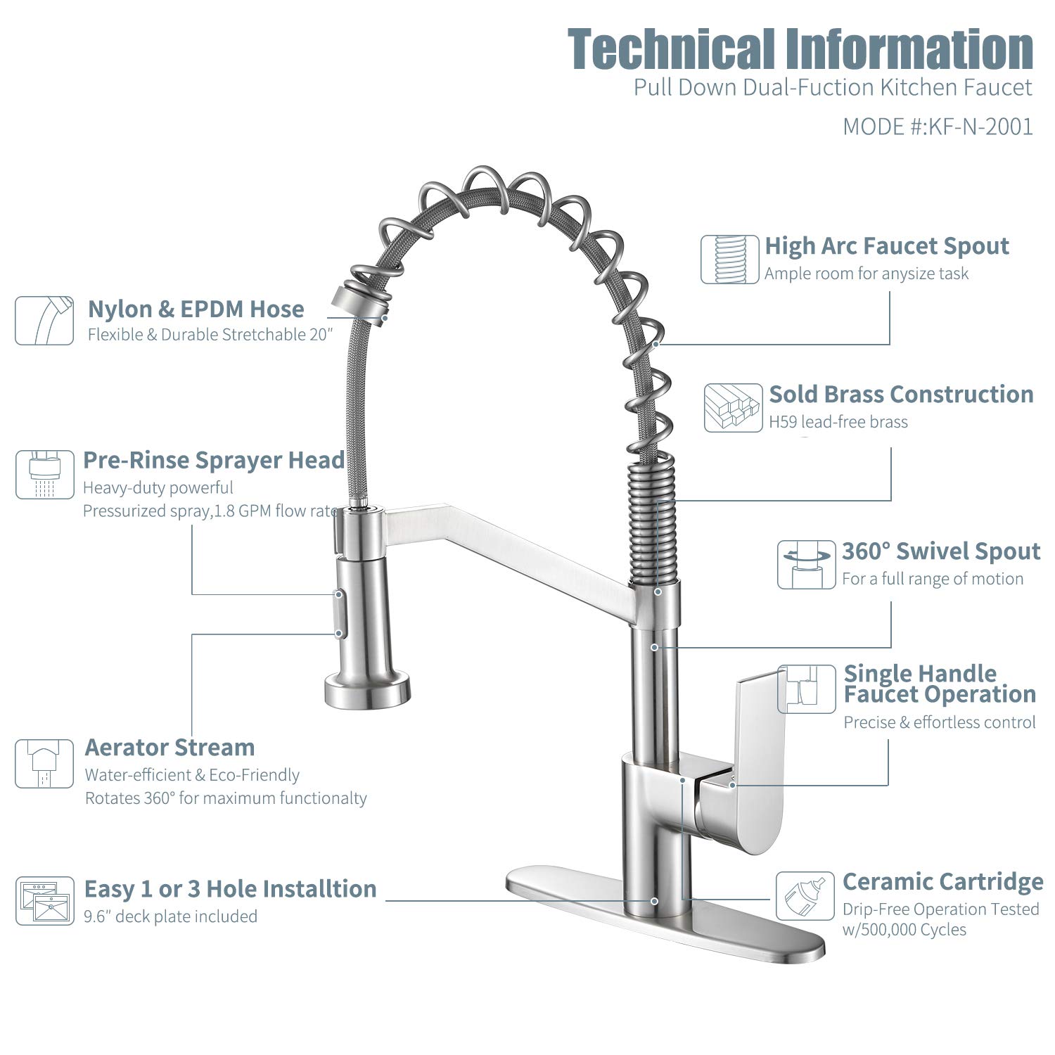 Single Handle Pull Down Sprayer Kitchen Faucet with Deck Plate, Brushed Nickel Brass Sink Faucet for Modern Kitchens - Perfect for Washing Dishes and Food Prep