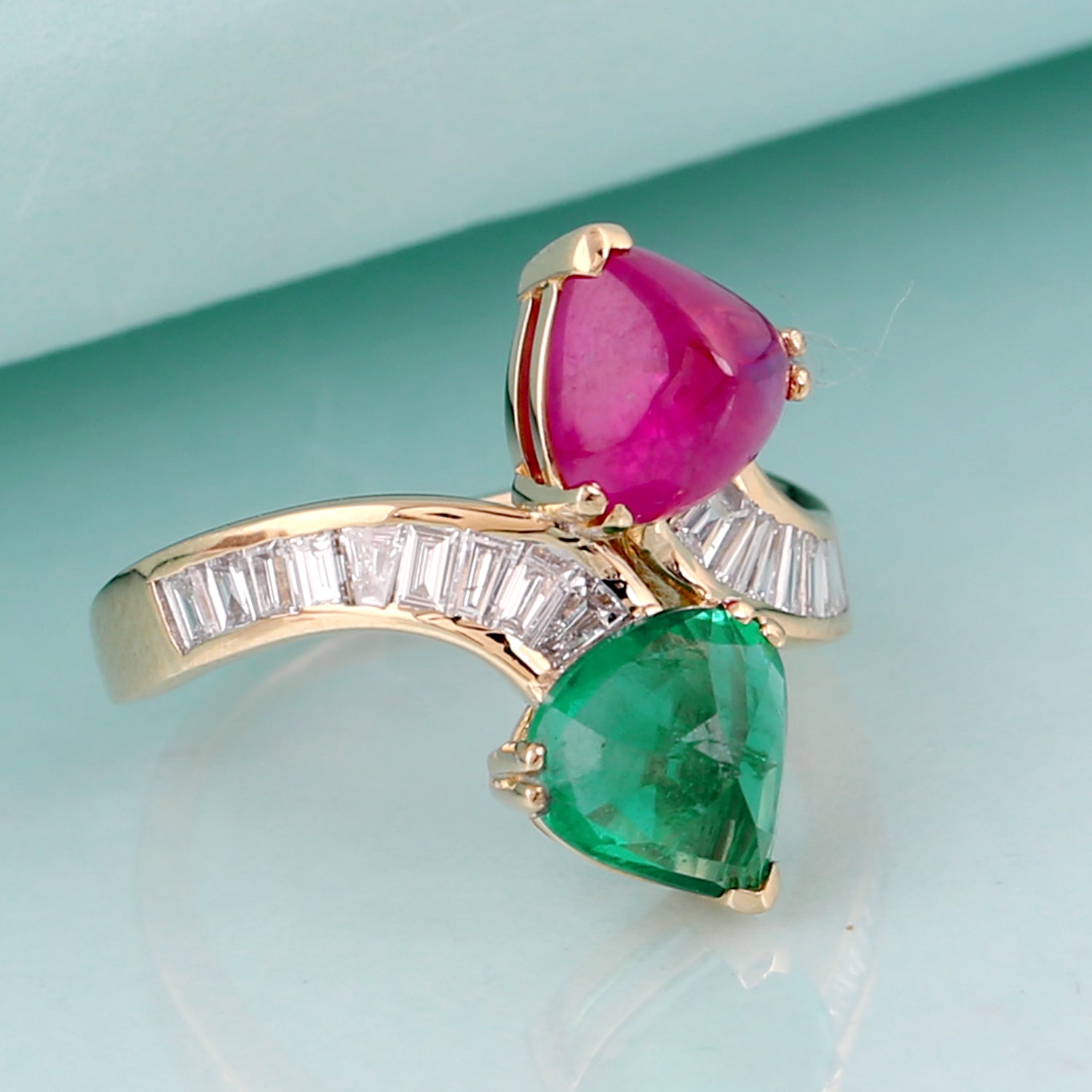 18K Yellow Gold Heart Cut Emerald Ruby Baguette Diamond Bypass Ring - Elegant Vintage Style Jewelry for Engagement, Anniversary & Special Occasions