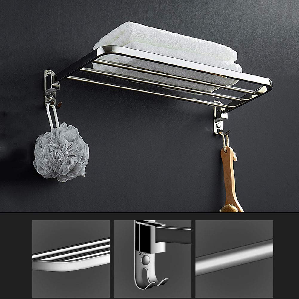 Sturdy Wall Mounted Single Layer 90 Degree Folding Towel Rack with 3 Hooks & Storage Shelf - 50Cm Bathroom Organizer for Towels, Robes & Accessories - Perfect for Small Spaces, Apartments & Modern Bathrooms