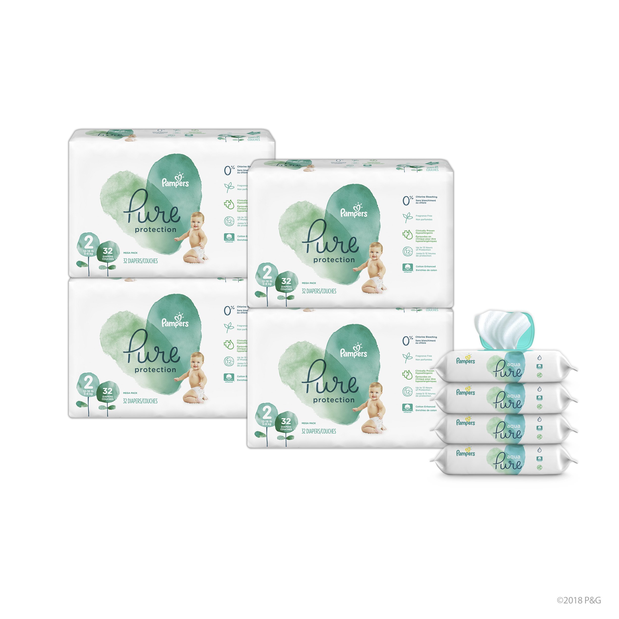 Pampers Pure Hypoallergenic Fragrance-Free Baby Diapers Size 2 (128 Count) with Aqua Pure Sensitive Water Wipes (224 Count) - Gentle Protection for Newborns & Infants - Perfect for Daycare, Travel & Overnight Use