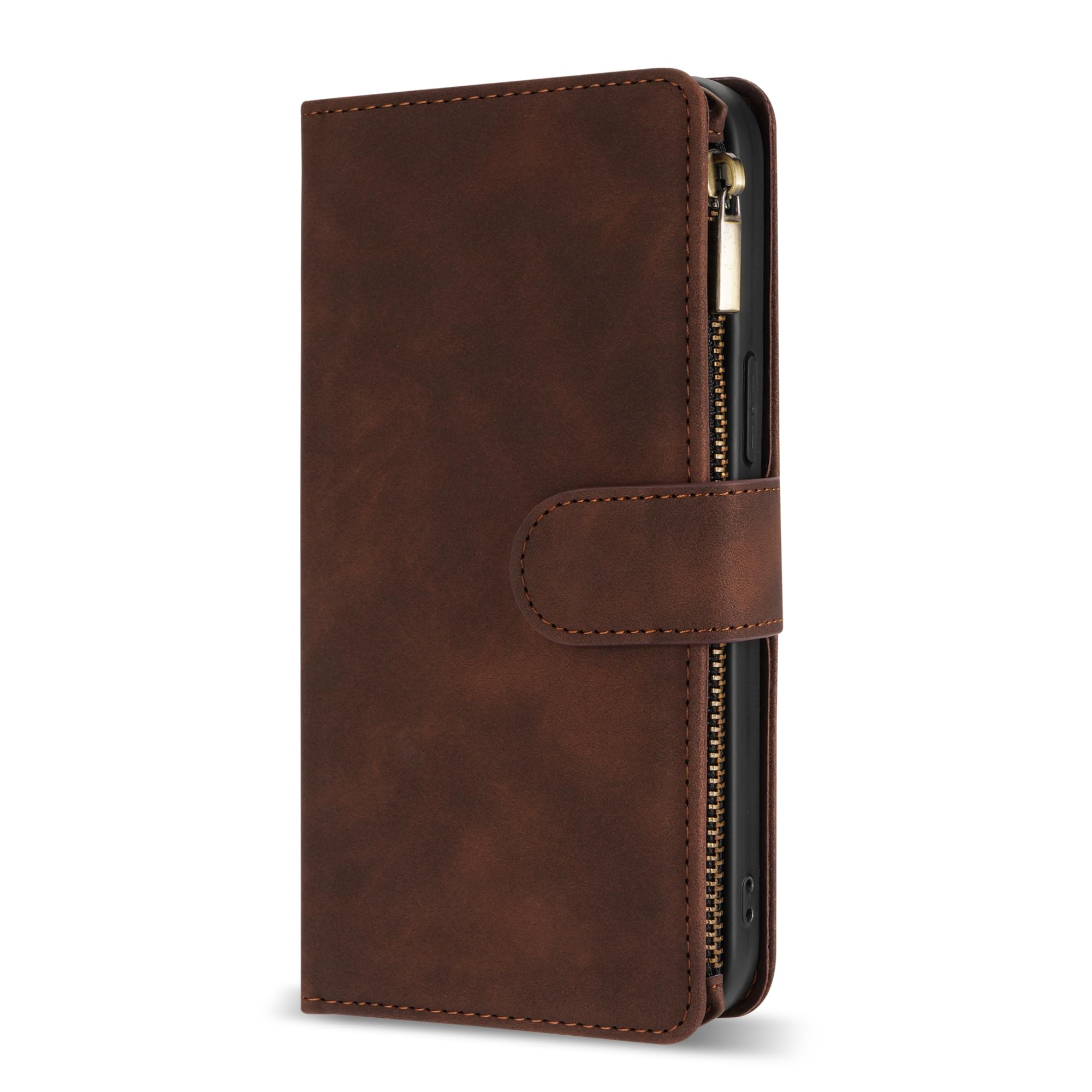 Premium Soft PU Leather Zipper Flip Wallet Case for Samsung Galaxy S22 Plus (6.6 Inch) with Card Slot, Wrist Strap & Kickstand - Coffee | Protective Cover for Daily Use, Travel & Business Meetings
