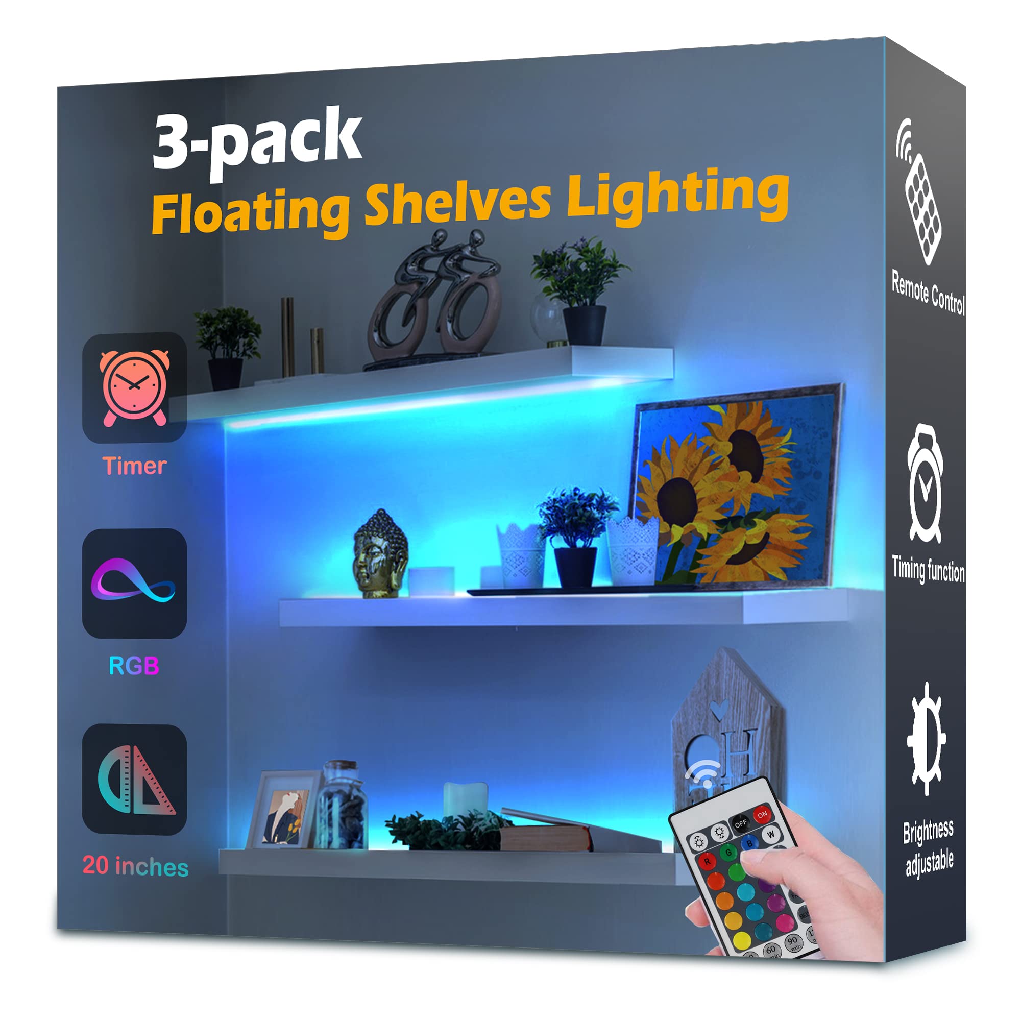 3-Pack 20-Inch Battery Operated LED Shelf Lights with Remote - Color Changing LED Strip Lights with Timer for Floating Shelves & Wall Decor - Perfect for Bedroom, Kitchen & Indoor DIY Lighting Projects