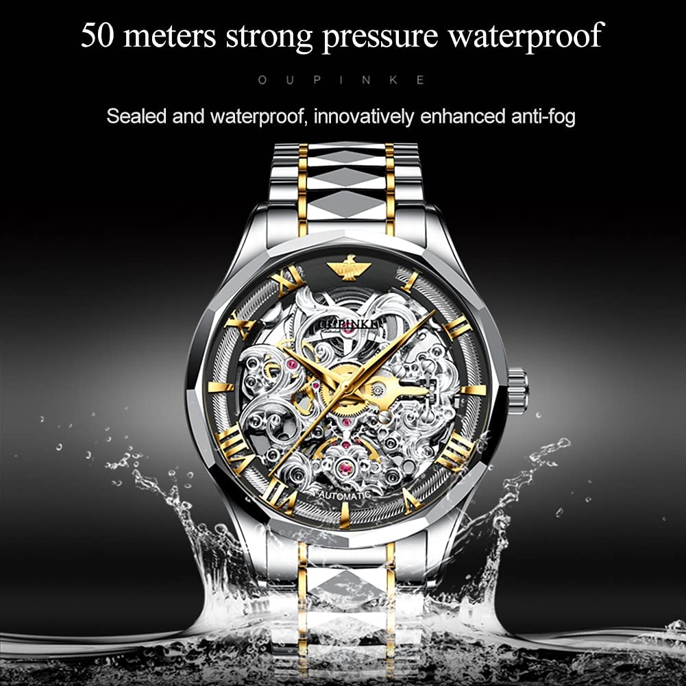 OUPINKE Men's Automatic Skeleton Watch - Self Winding Mechanical Watch with Sapphire Crystal, 50M Waterproof & Tungsten Steel Case - Stylish Hollow Design for Business, Formal & Casual Wear