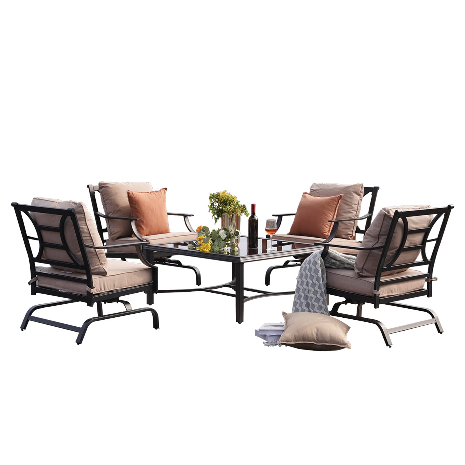 5-Piece Outdoor Patio Furniture Set with Rocking Chairs & Coffee Table - Beige Olefin Cushions - Perfect for Backyard, Porch, Garden & Poolside Relaxation