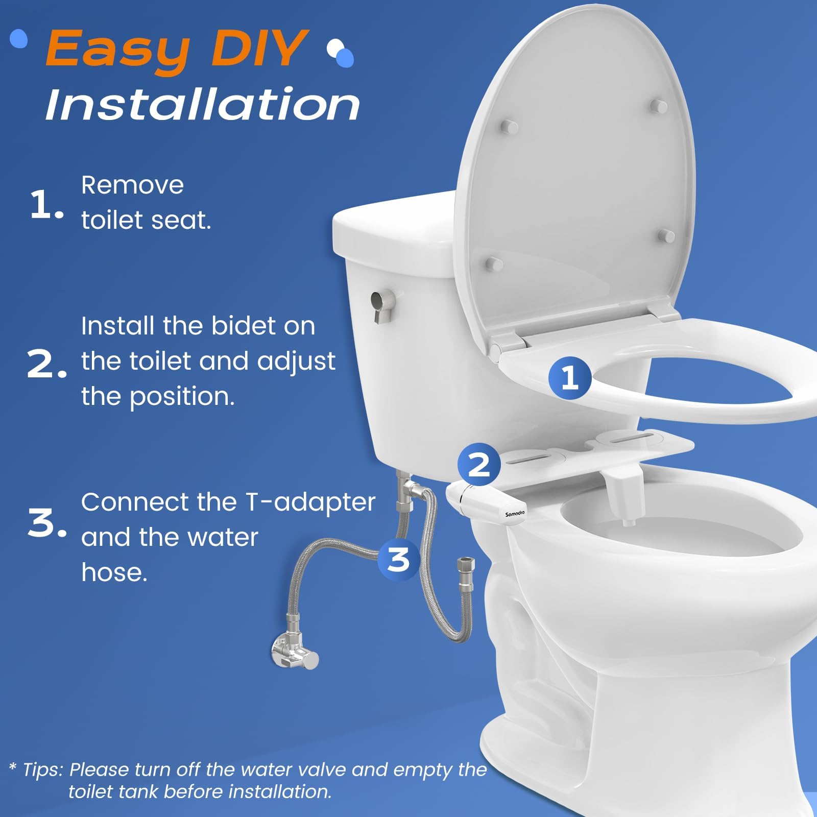 SAMODRA Ultra-Slim Bidet Toilet Attachment with Self-Cleaning Nozzle - Adjustable Water Pressure Fresh Water Sprayer for Hygienic Cleaning - Easy Installation for Existing Toilets - Perfect for Bathroom Upgrade & Enhanced Personal Hygiene