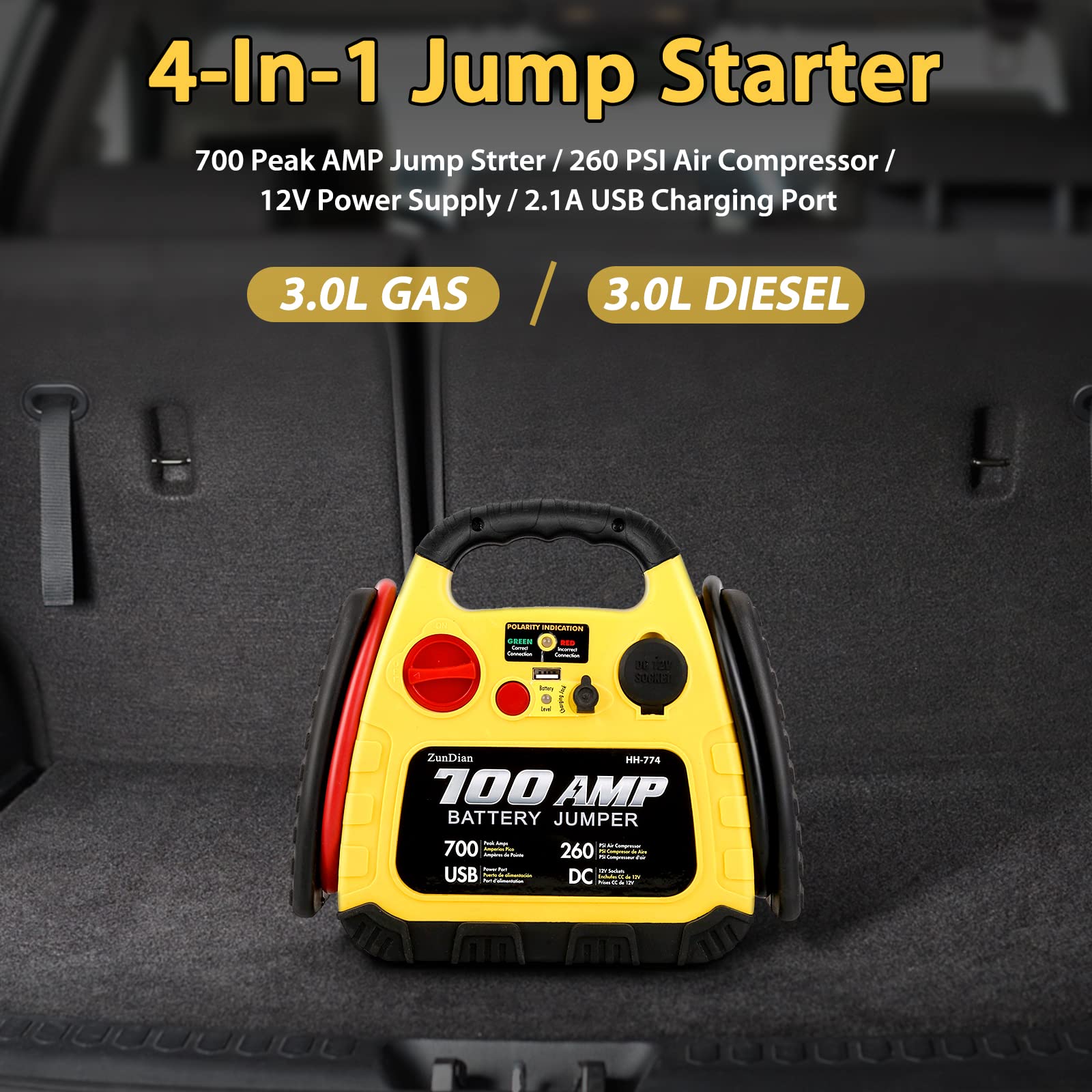 260PSI 4-in-1 Portable Car Jump Starter with Air Compressor - 1000A Battery Booster Pack for Gas/Diesel Vehicles (Up to 3L) - Includes Safety Jumper Cables, USB & DC Ports - Perfect for Emergency Roadside Assistance & Tire Inflation