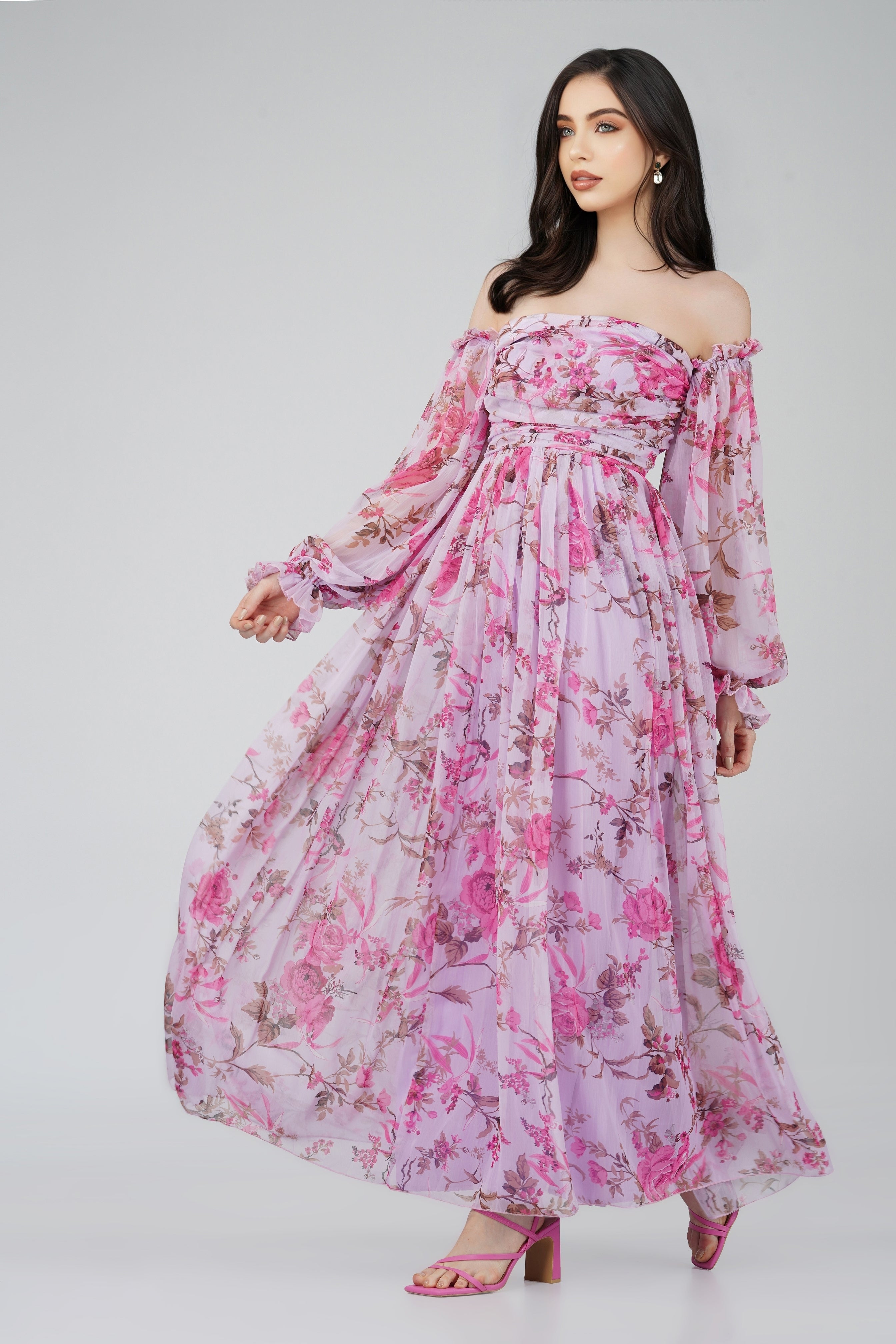Lavender Lana Chiffon Printed Dress for Women - Floral Summer Maxi Dress with V-Neck & Flowy Skirt | Perfect for Beach Vacations, Weddings & Date Nights