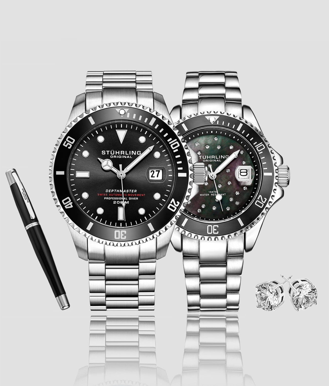 Classic Couple Diver Watch Set with Signature Pen and Stud Earrings - Perfect Gift for Anniversary, Wedding & Valentine's Day
