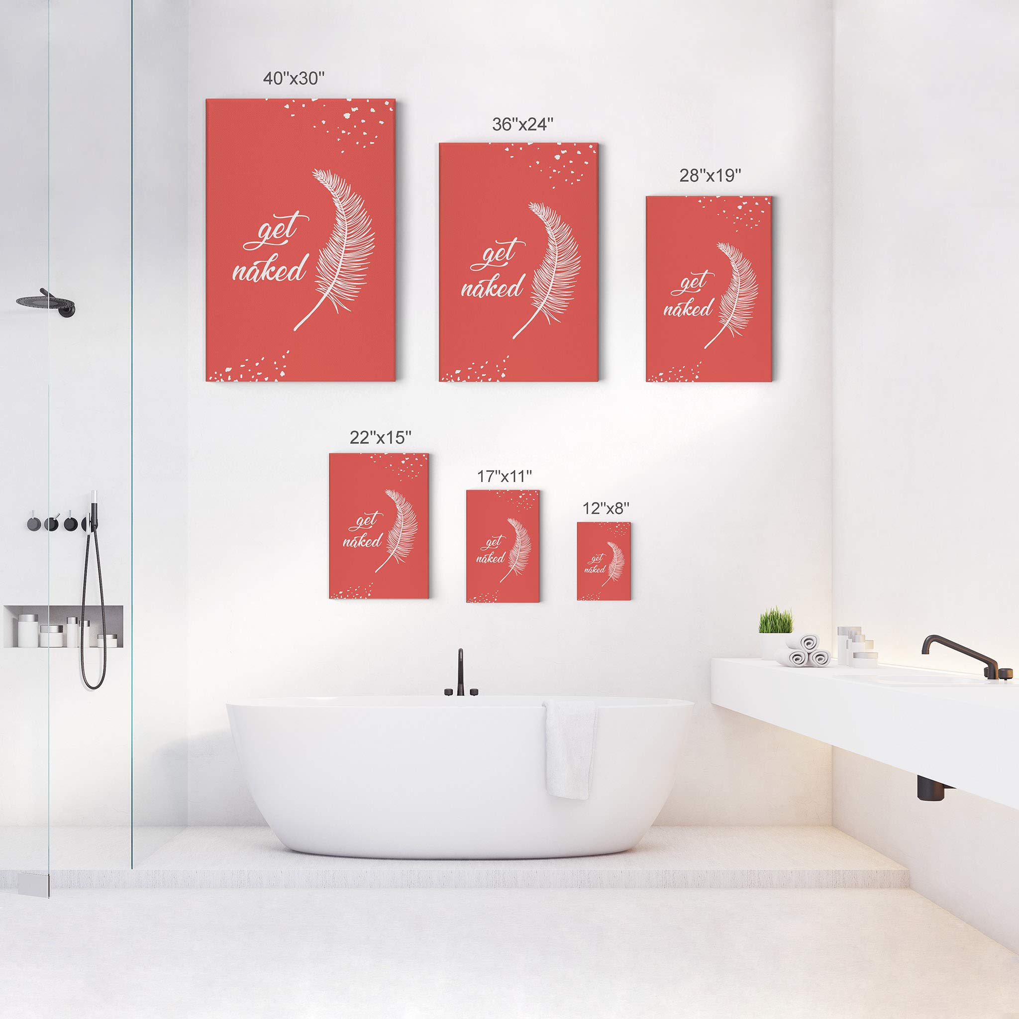 Naked Typography Bathroom Decor Canvas Print - Feather Bathroom Sign Wall Art - Ready to Hang Home Decoration (36x24) - Perfect for Powder Rooms, Guest Bathrooms & Spa-Inspired Decor - Made in USA