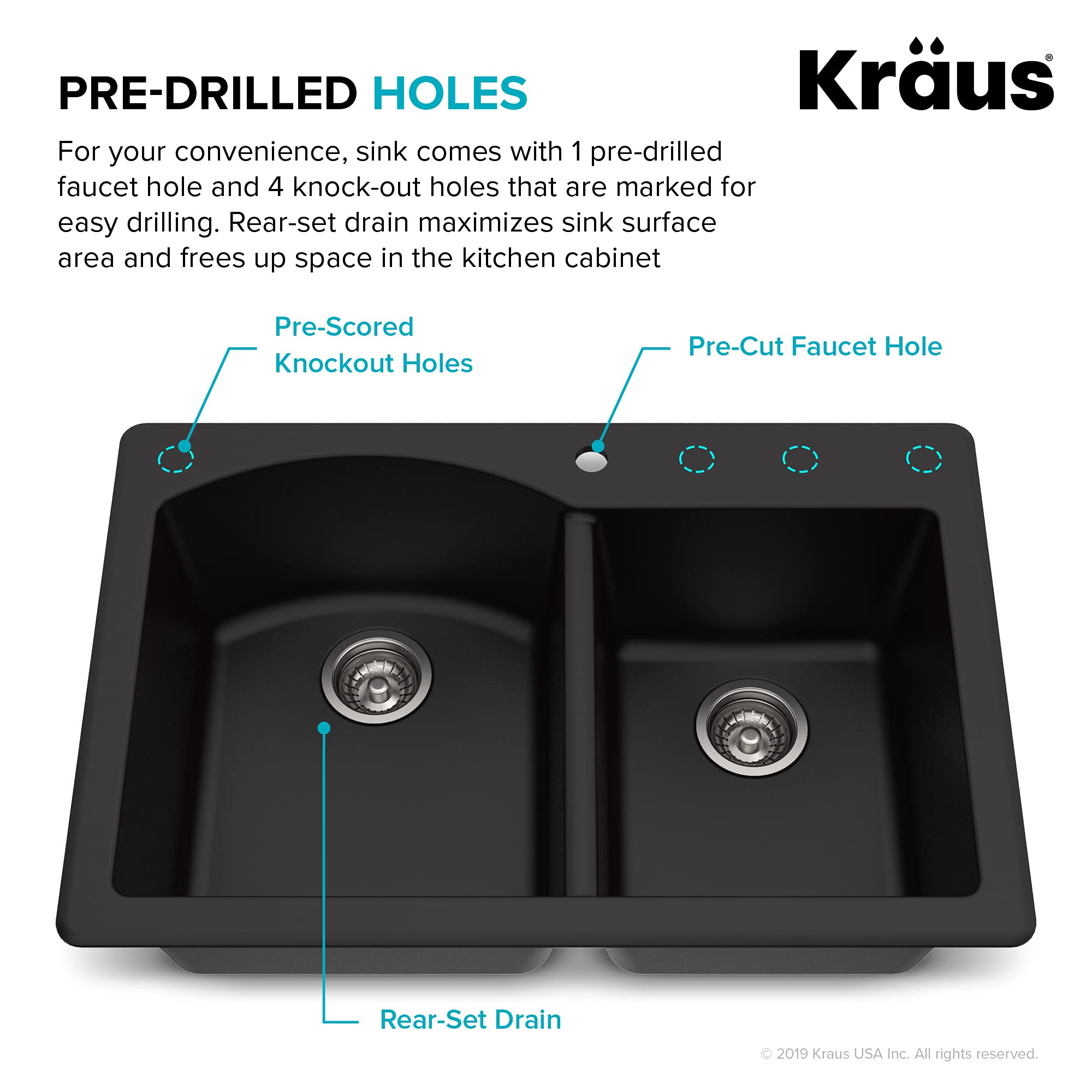 KRAUS Forteza™ 33-Inch Black Granite Dual Mount 60/40 Double Bowl Kitchen Sink with WasteGuard™ Continuous Feed Garbage Disposal (KGD-50BL-100-75MB) - Perfect for Modern Kitchens, Dishwashing, and Food Prep