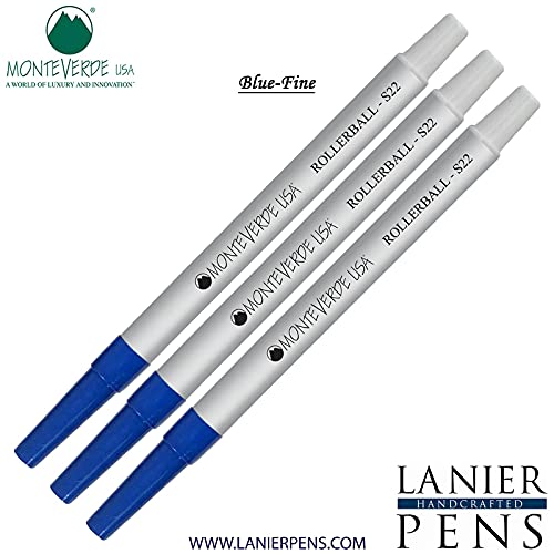 Monteverde S22 Rollerball Ink Refill 3-Pack - Compatible with Sheaffer Style Pens - Blue Fine Tip 0.6mm - Smooth Writing for Office, School & Everyday Use
