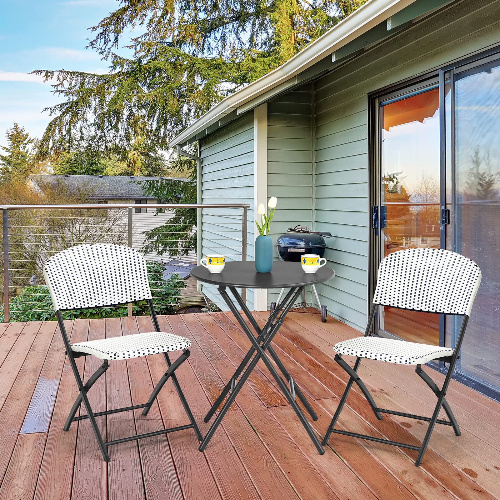 Tangkula 3-Piece Patio Bistro Set - Outdoor Folding Dining Table with 2 Rattan Chairs, Space-Saving Furniture for Poolside, Balcony, Garden & Backyard | Perfect for Small Spaces, Outdoor Entertaining & Relaxing