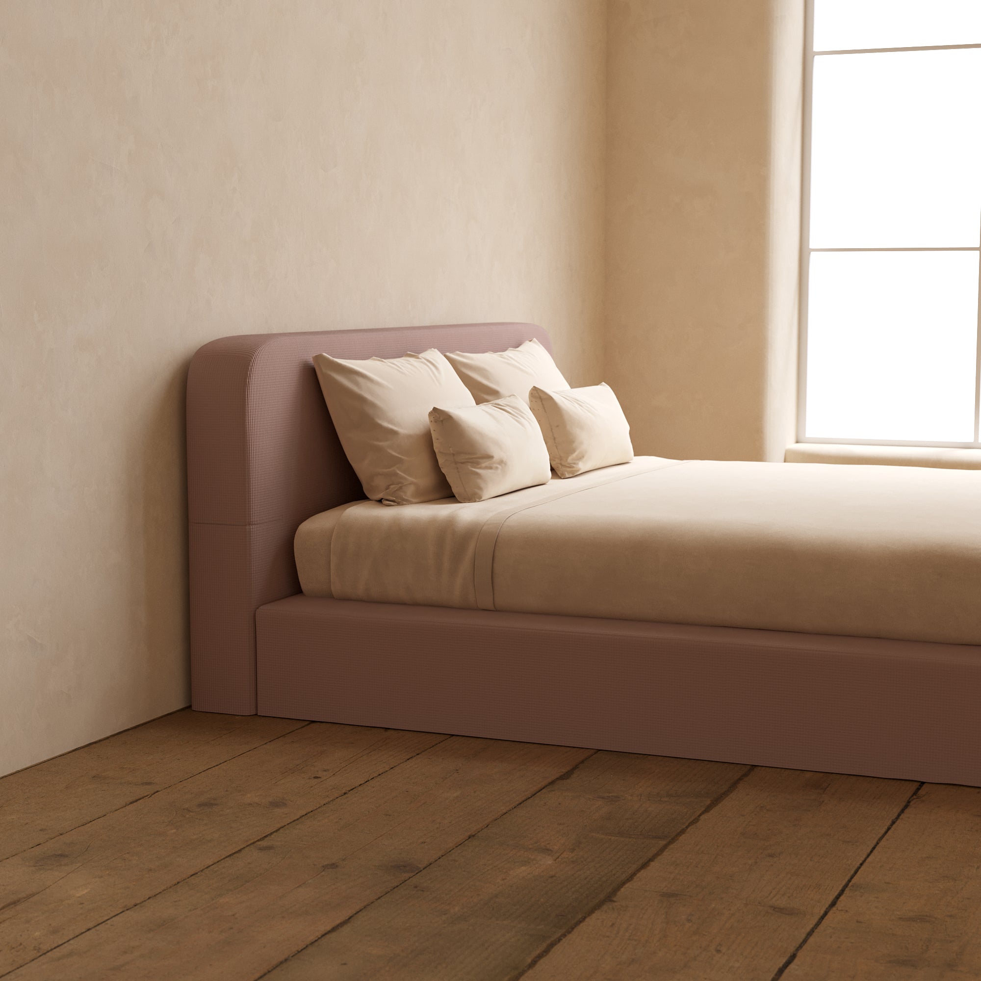 King Upholstered Platform Bed with Headboard - Modern Mizu Weave Design in Sakura Pink | Queen Size Bed Frame for Master Bedroom & Guest Room | Elegant Upholstered Bed for Home Decor
