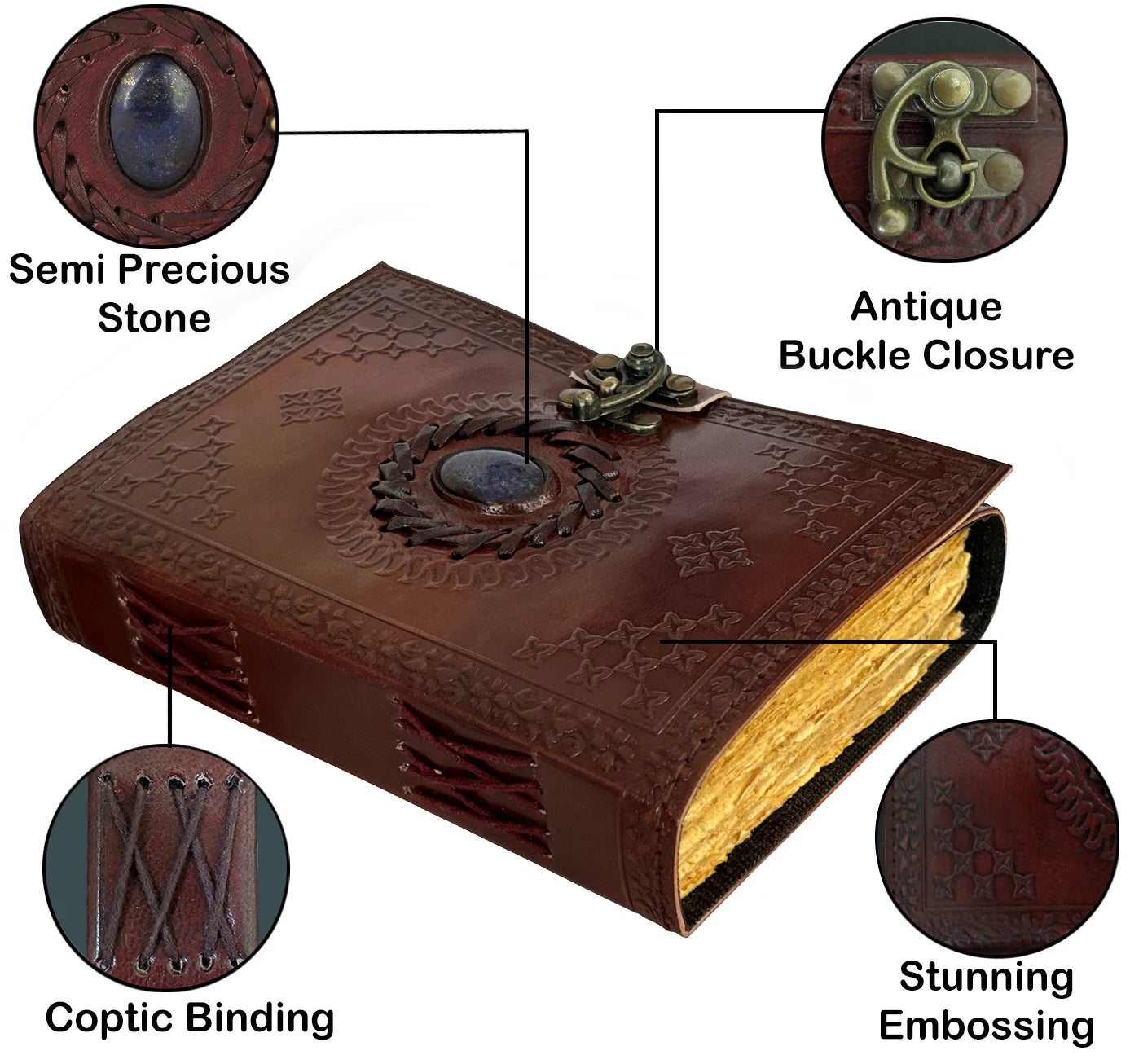 Vintage Leather Journal with Antique Deckle Edge Paper & Semi-Precious Stones - Perfect for Writing, Sketching & Gift Giving