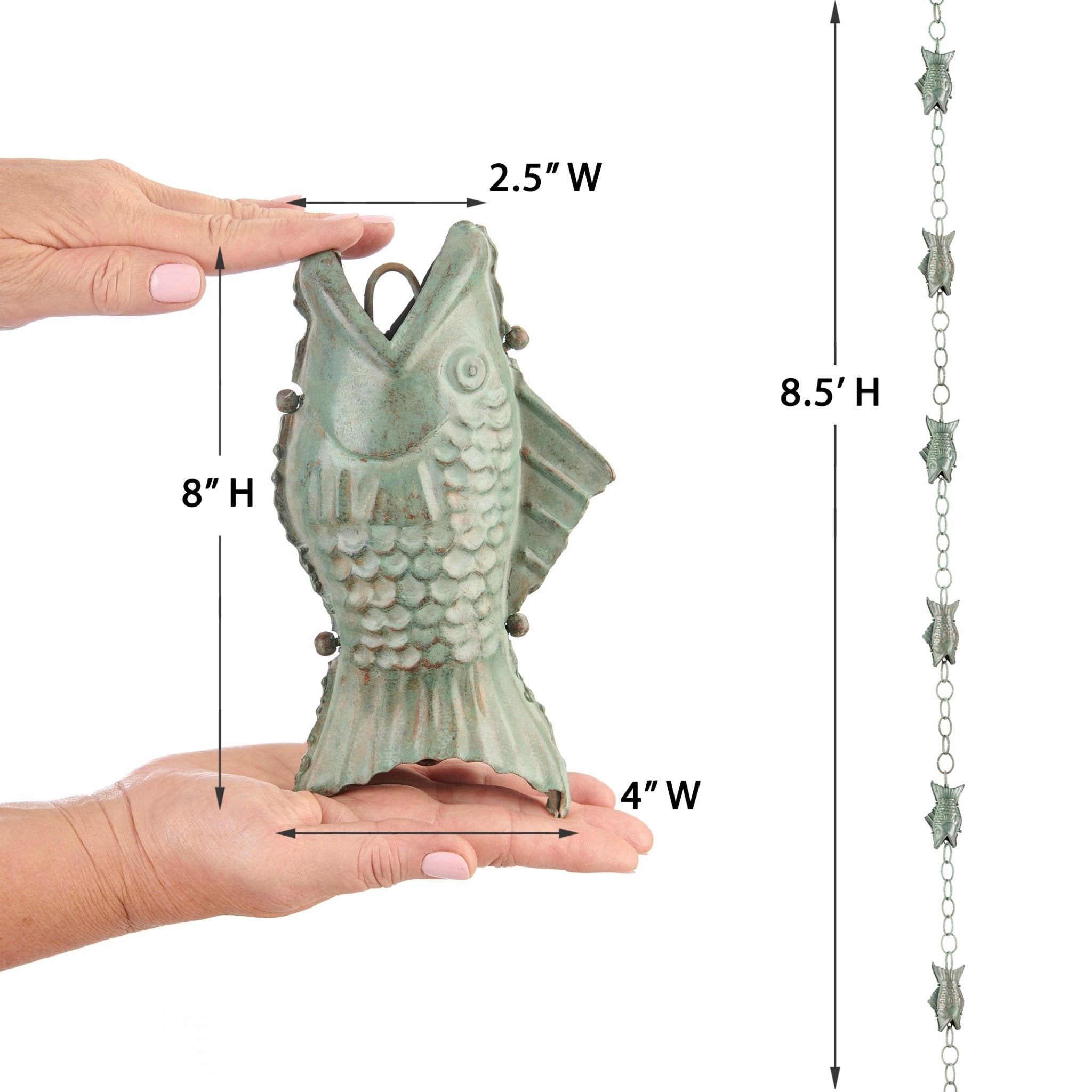 Verde Fish Rain Chain - 8.5 ft Decorative Garden Water Chain with 4 Large Handcrafted Figures | Perfect for Outdoor Patio, Yard Drainage & Zen Water Feature Decor