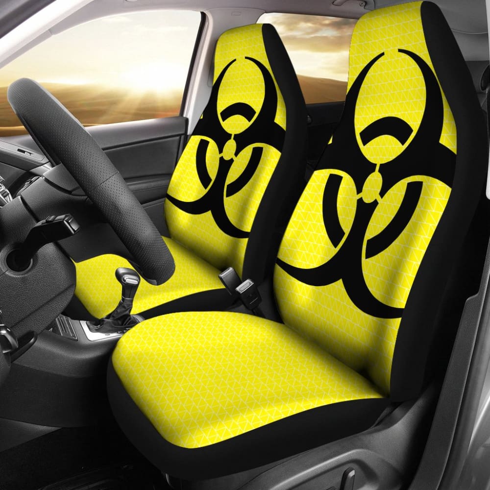 Black Biohazard Sign Yellow Background Car Seat Covers 211204 - Durable Protective Seat Covers for Cars, Trucks & SUVs - Perfect for Halloween, Cosplay & Apocalypse Themed Events