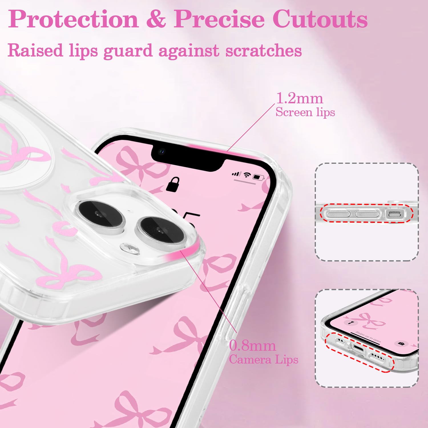UEEBAI Magnetic Clear iPhone 14 Case & iPhone 13 Case - Slim Anti-Yellowing Shockproof Phone Cover with Bow Design | Compatible with MagSafe Wireless Charging | Perfect Protective Case for Women & Girls (Pink) | Great for Everyday Use, Work, School & Travel